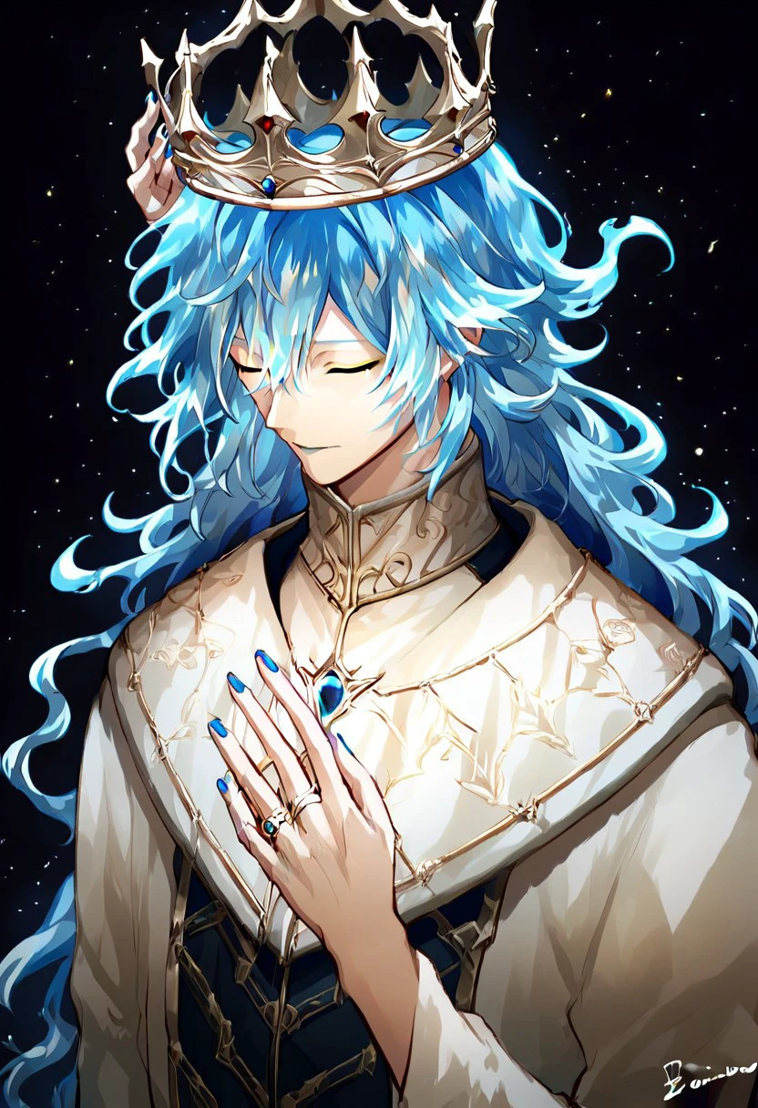 score_9, score_8_up, source_anime, highly detailed, highly detailed eyes,Solo, solo focus, crown, blue nails, upper body, solo, male focus, closed eyes, ring,blue hair, long hair, yellow eyes, glowing fire hair