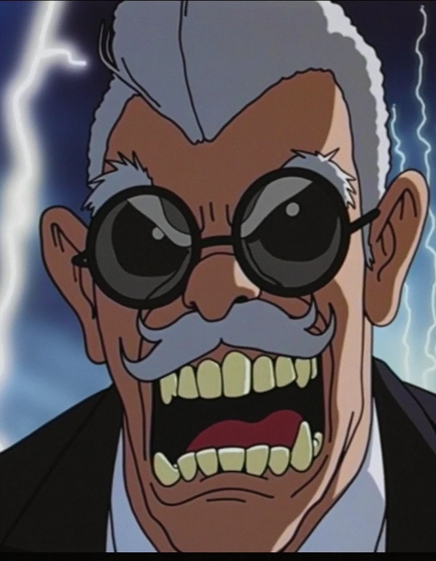 A dramatic close-up of a 1940s-style mad scientist's face, with wild, unkempt white hair standing on end and round, thick-rimmed glasses reflecting a sinister glow. His eyes are wide with manic intensity, eyebrows arched high, and a twisted grin reveals crooked teeth. Deep, exaggerated facial lines and sharp shadows emphasize his devious expression. The lighting is stark, with a bright highlight on one side of his face and deep shadows on the other, adding to the dramatic tension. The background is blurred but hints at flickering laboratory equipment and electrical sparks. The colour palette features muted greys, deep blues, and stark whites, with a grainy texture for vintage authenticity.
