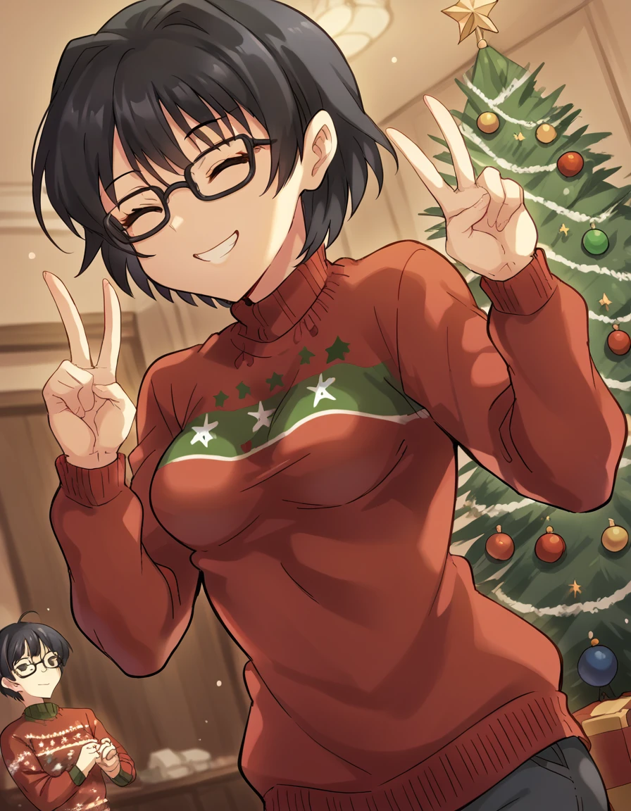 score_9, score_8_up, score_7_up, source_anime, <lora:shizune-hakamichi-ingame-ponyxl-lora-nochekaiser:1>, shizune hakamichi, short hair, black hair, glasses, black eyes, medium breasts,, <lora:christmas-sweater-ponyxl-lora-nochekaiser:1>, christmas sweater, christmas, ugly sweater, print sweater, red sweater, christmas tree, christmas ornaments, sweater, multicolored sweater, , v, smile, hands up, teeth, closed eyes, cowboy shot,, , dutch angle, cowboy shot