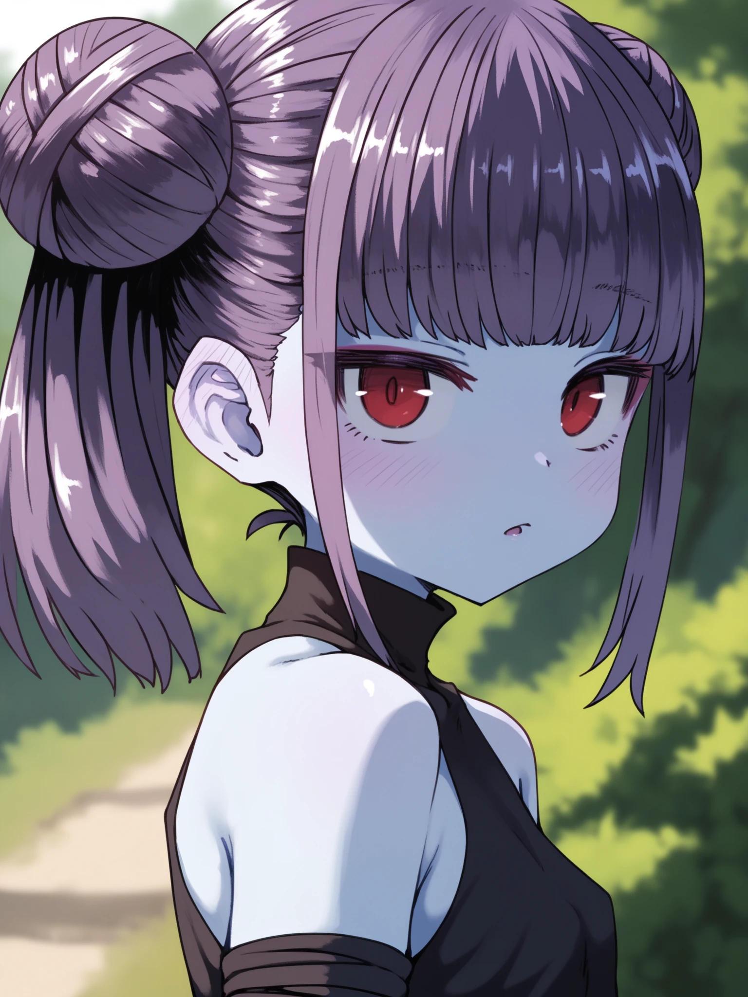 <lora:happy_tentacle-sumisifu-v0.4-000004:0.9>, ht_sumisifu, colored skin, blue skin, purple hair, red eyes, ofuda , furrowed brows, outdoors, night (close-up:0.7), 1girl, (petite:1.2), solo focus, (looking at viewer:1.1), sidelighting, (depth of field:0.8), from side, [(realistic, photorealistic:1.2):(realistic:1.3):24], [(3d:1.2)::10], <lora:LUUNA's Lunas-NijiJourney-SDXL-B2:0.5>, nijijourney, <lora:prgfrg23's Counterfeit-V3.0 Style SDXL_LoRA_Pony Diffusion V6 XL:0.3> <lora:Shed_The_Skin's StS_age_slider_v1_initial_release:-1.2>, score_9, score_8_up, score_7_up, score_6_up, score_5_up, score_4_up