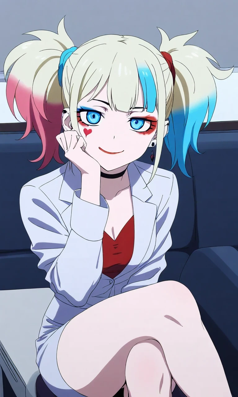 Harley1sekai, 1girl, solo, twintails, blonde hair, multicolored hair, blue eyes, smile, office dress, office background