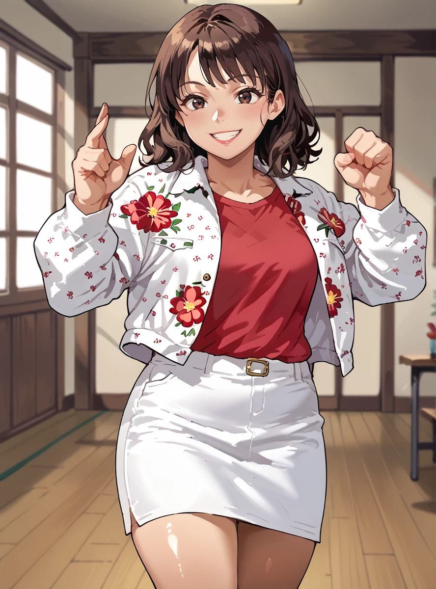 score_9, score_8_up, score_7_up, score_6_up,source_anime anime screencap,, uncensored,  shiny skin, anime coloring,    <lora:KazumiHoshikawa:1>kazumihoshikawa, solo, shirt, smile, jacket floral print,  thick thighs,  shiny skin, indoors white_Skirt, medium hair, brown hair, black_eyes fighting stance,