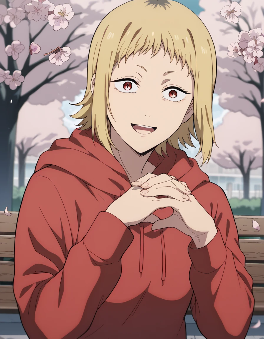 score_9, score_8_up, score_7_up, source_anime, <lora:akane-sawatari-s1-ponyxl-lora-nochekaiser:1>, akane sawatari, short hair, blonde hair, red eyes, medium breasts, hood, hoodie, red hoodie, hood down,, park, cherry blossoms, bench, gentle breeze, peaceful, running, open mouth, smile, <lora:gendou-pose-ponyxl-lora-nochekaiser:1>, gendou pose, own hands clasped, own hands together, parody,, looking at viewer, solo,, dutch angle, cowboy shot