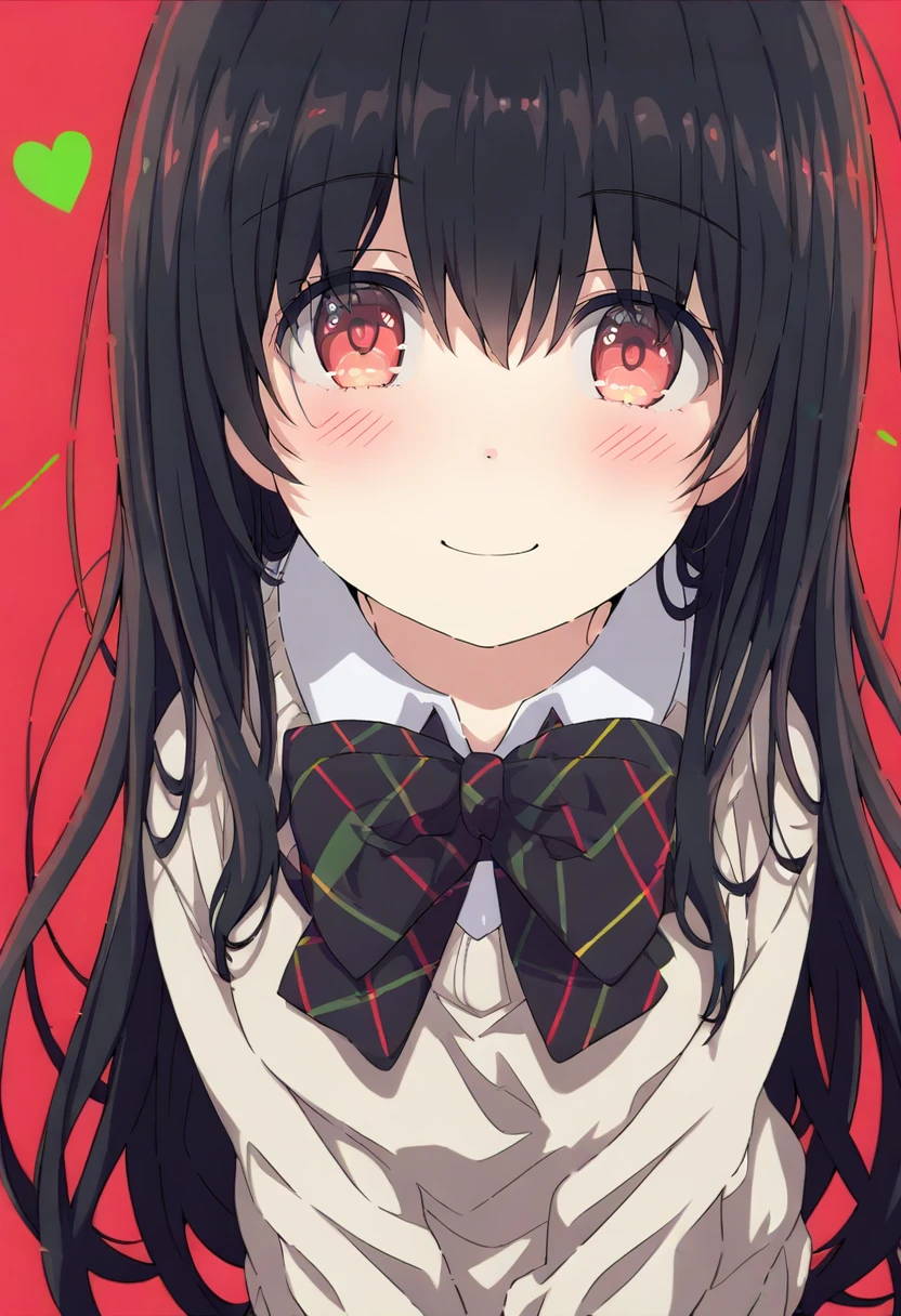 1girl, black hair, long hair, solo, looking at viewer, red eyes, bow, blush, shirt, striped bow, heart, bangs, smile, closed mouth, white shirt, red background, collared shirt, striped, hair between eyes, school uniform, looking up, bowtie, diagonal stripes, black bow, sweater, from above <lora:ogipoteXL_il_lokr_V5311P:0.95>