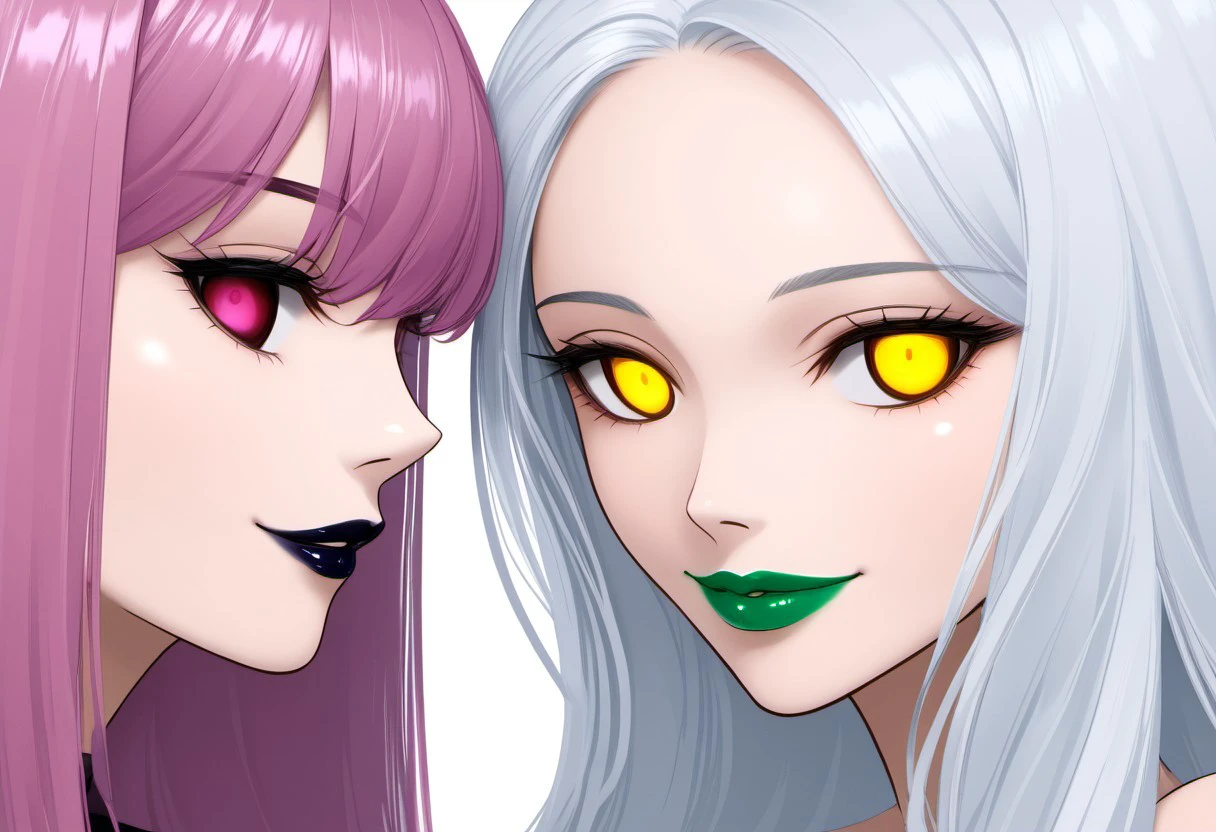 anime, empty eyes, emotionless, hypnotized, hand on face, looking into eyes, staring at each other, multiple females, lipstick, red lipstick, yellow lipstick, green lipstick, blue lipstick, purple lipstick, black lipstick, glossy lips, shiny lips, sexy smile, adult, casual dress, long hair, white hair, black hair, green hair, red hair, yellow hair, pink hair, purple hair, blue hair, hair decoration, red eyes, orange eyes, yellow eyes, green eyes, blue eyes, purple eyes, pink eyes, black eyes, white eyes, close up