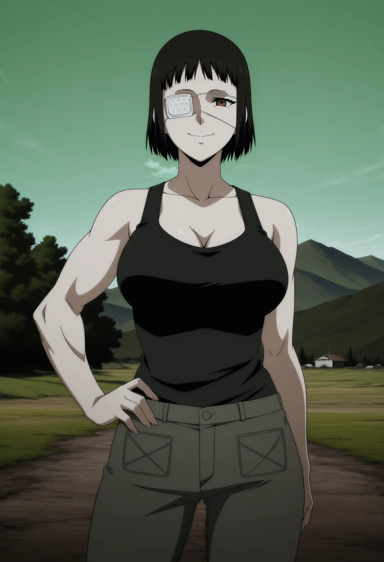 1girl,solo,mm,mature female,black hair,eyepatch,brown eyes,large breasts,anime coloring,short hair,
muscular,tank top,pants,cowboy shot, hand on own hip, looking at viewer, smile,outdoors
,masterpiece,best quality,amazing quality,<lora:Valmet-Jormungand_ix:0.8>