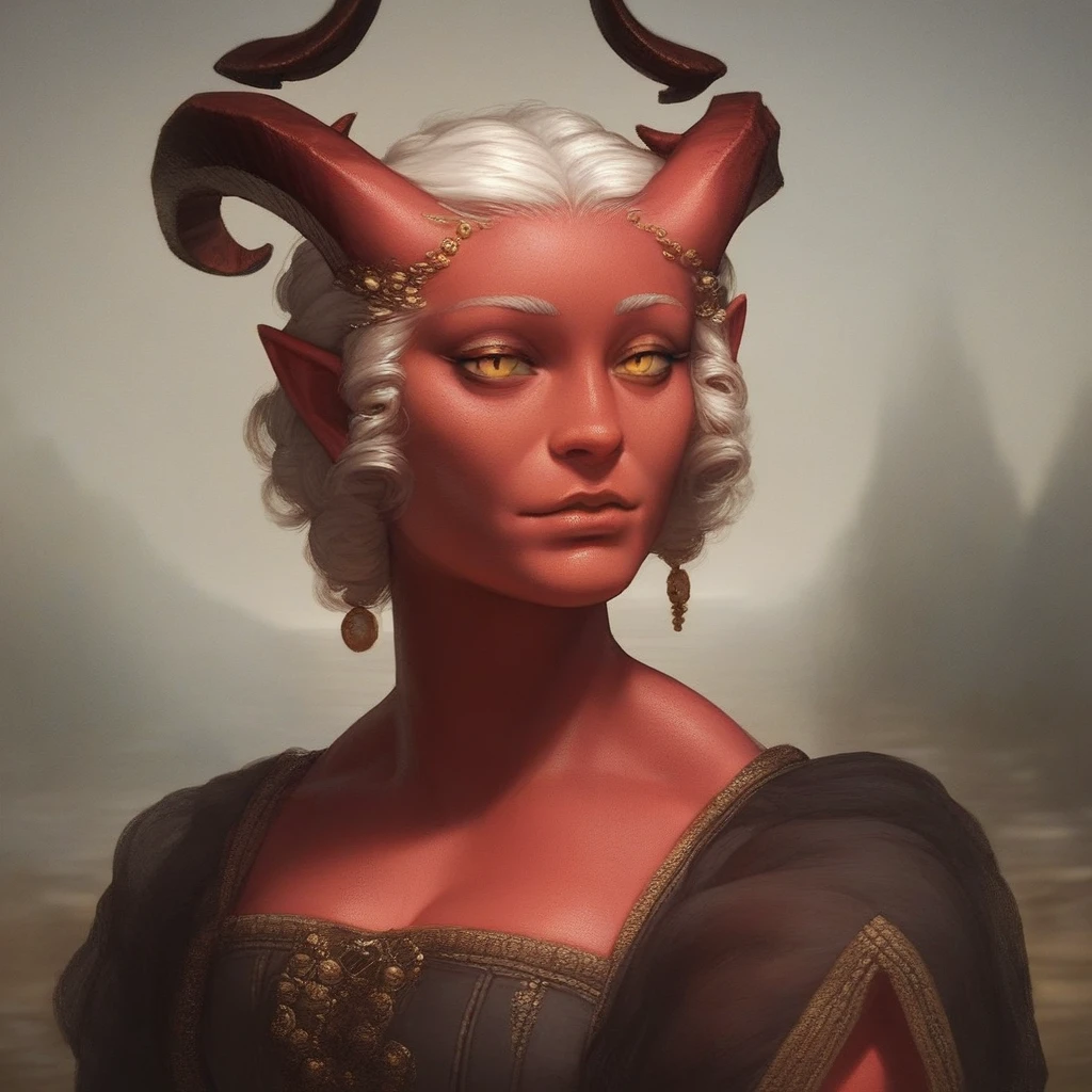 score_9, score_8_up, score_7_up, <lora:Leonardodavincioilpainting:1> portrait, beautiful, 1 girl, demon girl, succubus, red skin, horns, white hair