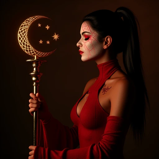 A striking portrait of a mystical woman bathed in shadow and warm crimson hues. Her face is partially painted in white with red accents, resembling a ceremonial or ritualistic mask, while her eyes are gently closed, evoking serenity and inner strength. She holds a crescent moon staff with intricate spiderweb-like details glowing faintly, adorned with golden stars, symbolizing a connection to celestial or arcane powers. Her deep red attire clings to her form, textured like woven fabric, with long sleeves trailing down her arms. A faint tattoo-like marking adorns her shoulder, reinforcing the ethereal and otherworldly nature of her presence. Her flowing, high-tied ponytail adds a sense of grace and movement against the dark, textured background. The image exudes a balance of elegance, mysticism, and quiet reverence, as though she is a guardian or priestess of a forgotten realm.