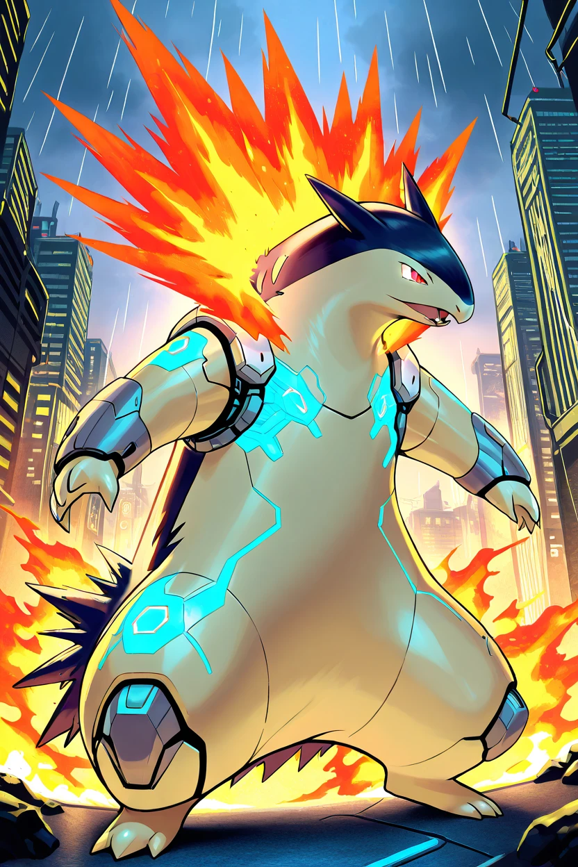 masterpiece, best quality,   no humans, pokemon (creature), fire,  <lora:TyphlosionPokedexIXL:1.0>,   Cyberpunk, zzTyphlosion with neon-lit cityscape, high-tech gear, futuristic clothing, glowing tattoos, holograms, rain-soaked street, robotic enhancement, sleek armor