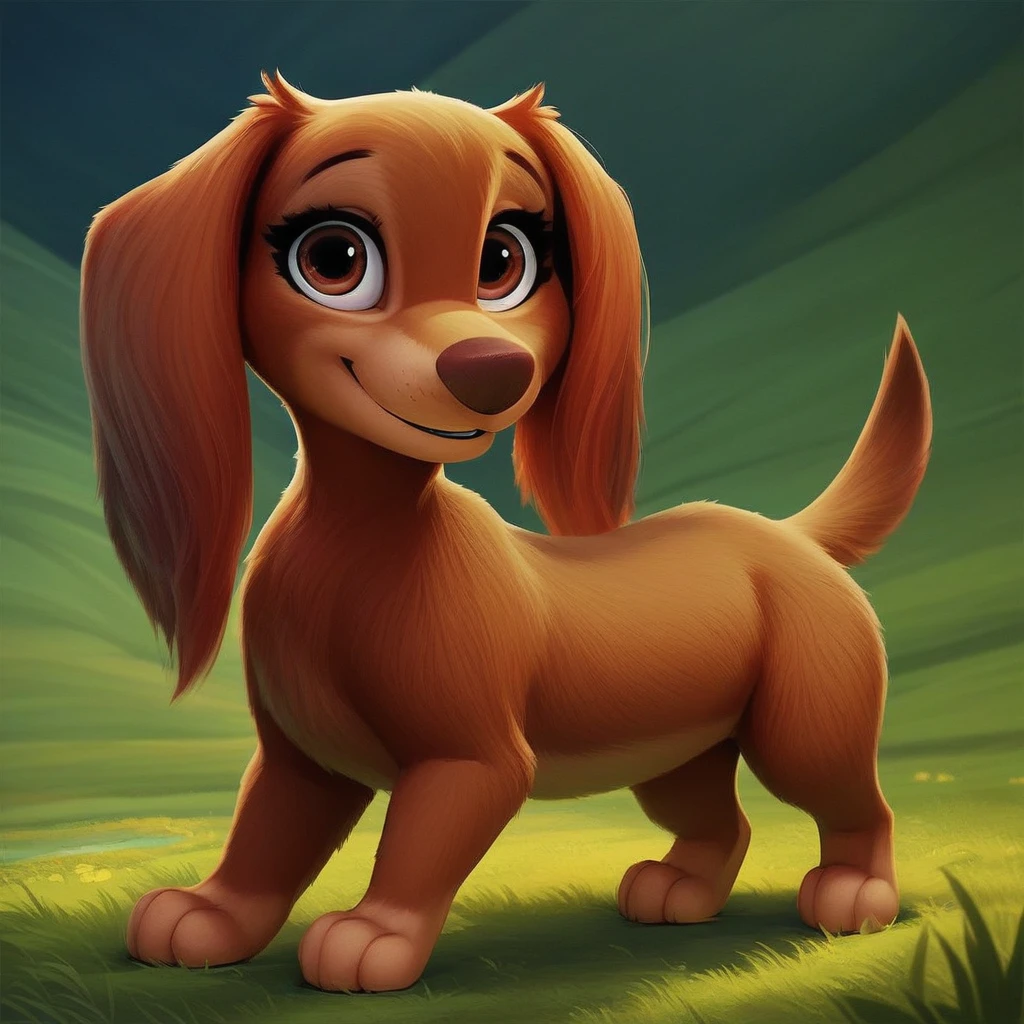 score_9, score_8_up, score_8, score_7, source_cartoon, Liberty(pp), solo, feral, dog, dog girl, long-haired Dachshund, brown fur, tan paws, tan belly, tan muzzle, brown nose, brown eyes, long ears, short tail, full body, looking at viewer, smile, standing, grass field setting,