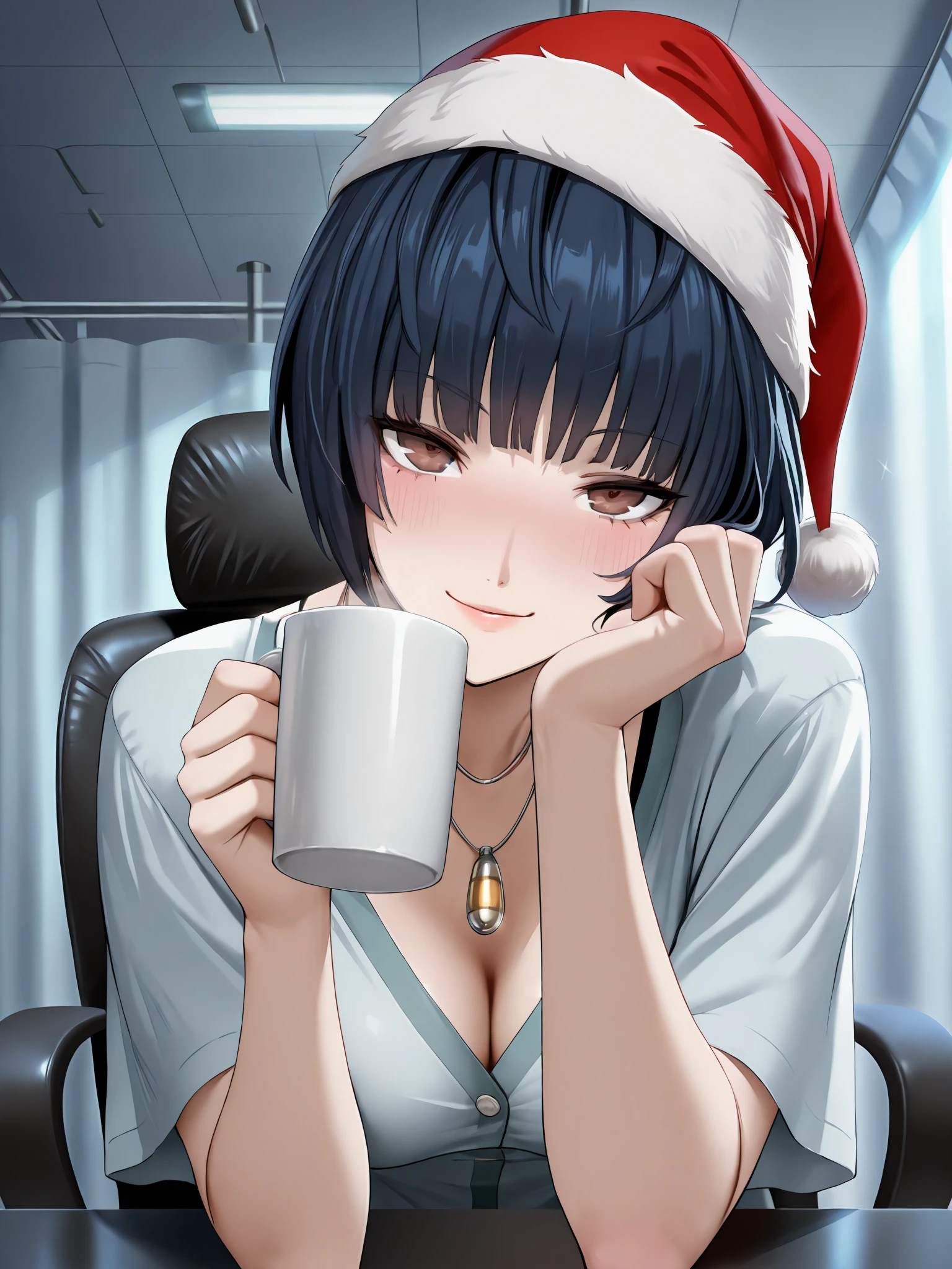 masterpiece, illustration, anime, CG, 4K, ultra-detailed, 
 <lora:TaeTakimeIllustV1-13:0.9>
1girl, solo, tae takemi, brown eyes, holding mug, necklace, pendant, blush, seductive smile, santa hat, looking at viewer,  sitting, swivel chair,
from top, 
hospital, ceiling,