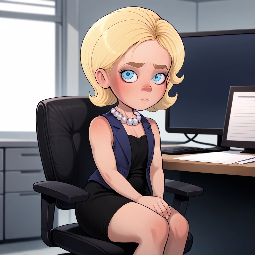 masterpiece, best quality, Hilloli_Clinton , 1girl, solo, blonde hair, short hair, pearl necklace, blue vest, black dress, sleeveless, sitting on chair, <lora:Hilloli_Clinton_illustrious_Leaf1:1>,   office,  <lora:ShadmanStyle_illustrious_CR_Leaf3:1>