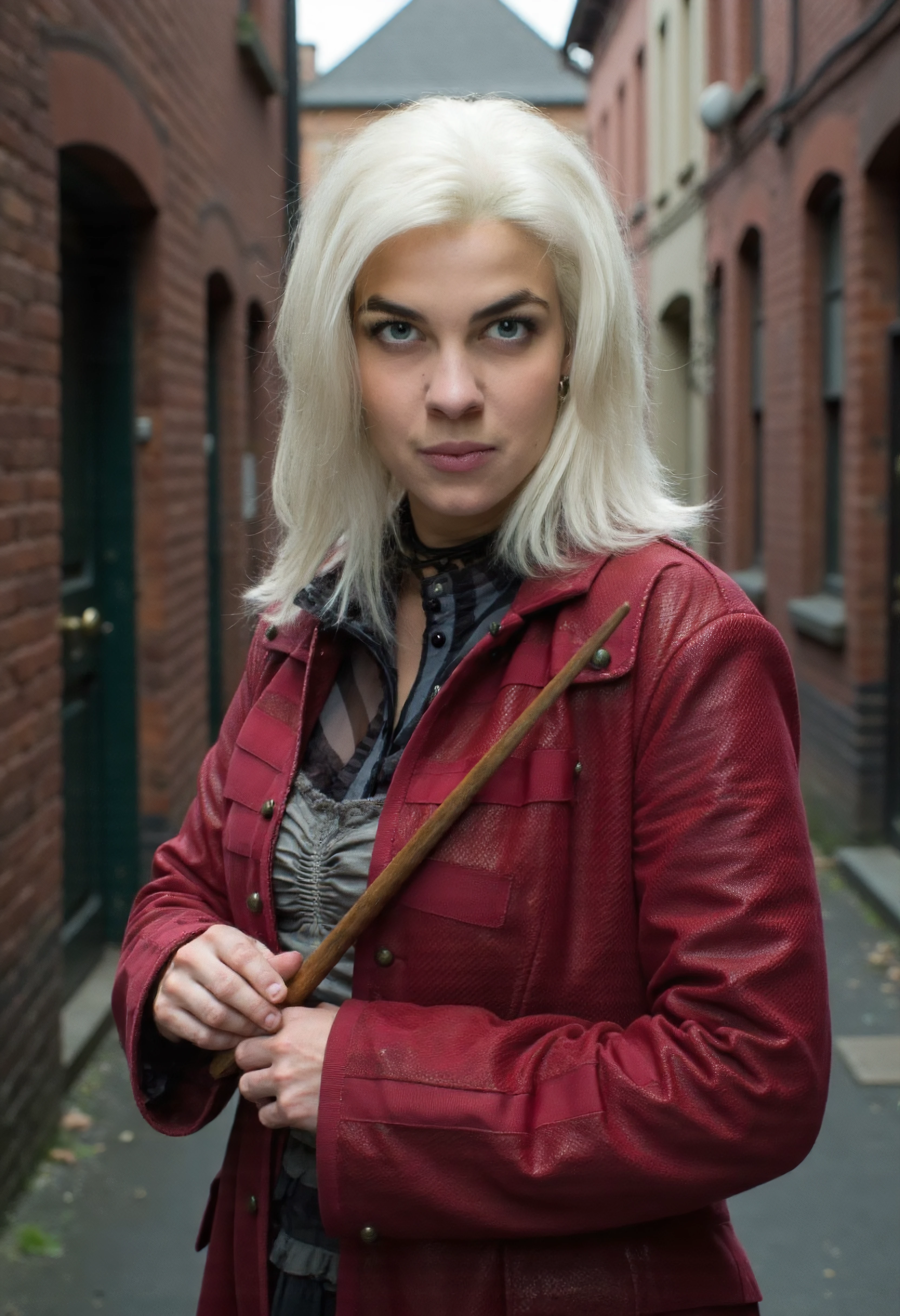 The image is a portrait of Nymphadora woman posing for a photo ,She has medium white hair,She is wearing a red coat.She is outdoors in a spooky alley. Upper body photo. She is looking at viewer. Amateur photography. She is holding a magic wand.