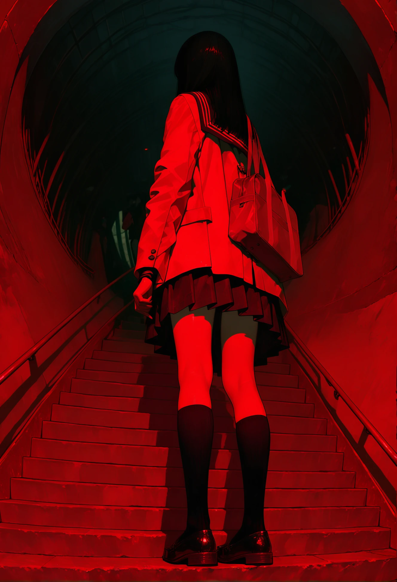 <lora:745cmSDXLvpred75S:1>, 748cmstyle, 1girl, red theme, black socks, pleated skirt, shoulder bag, stairs, shoes, from behind, kneehighs, school uniform, horror (theme), long hair, from below, loafers, long sleeves, serafuku, black hair, black sailor collar, standing, facing away, black skirt, full body, school bag, jacket, coat, limited palette, masterpiece, best quality, year 2024, newest, very awa, highres, absurdres,