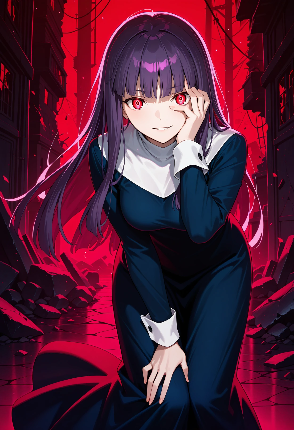 masterpiece,best quality,  a_fujino, 1girl, solo, long hair, purple hair, blunt bangs, red eyes, glowing eyes, glowing, blue dress, white turtleneck, long sleeves, wrist cuffs, long dress, medium breasts, hand on own eye, hand on own thigh, skirt grab, looking at viewer,evil smile, parted lips, leaning forward, dark,broken building, broken glass, light particles, red light, aura,  <lora:a_fujino_IL-560007:0.9>,