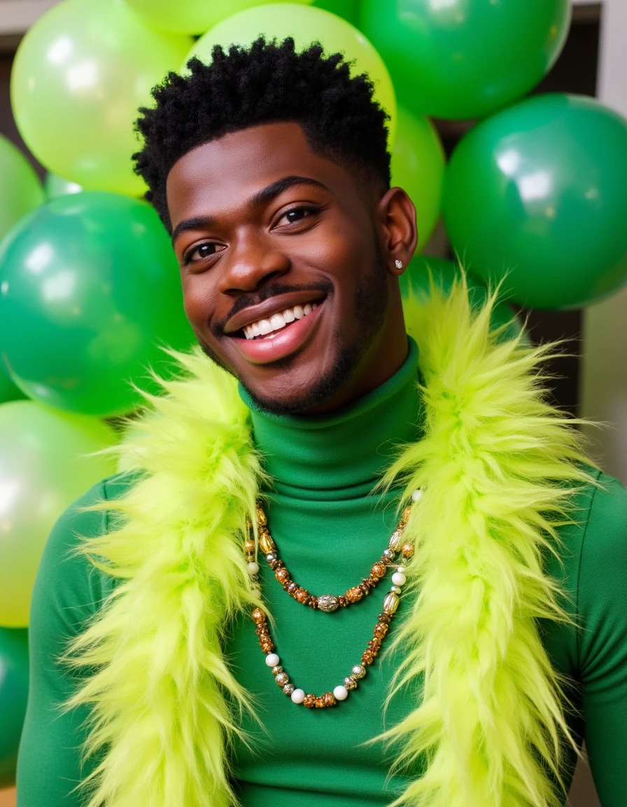 lilnasx is wearing a lime green feather boa over a green turtleneck and two beaded necklaces of varying lengths, there are green balloons filling the air behind him, he is looking at the camera with a playful expression   <lora:lilnasx-128:1.2>