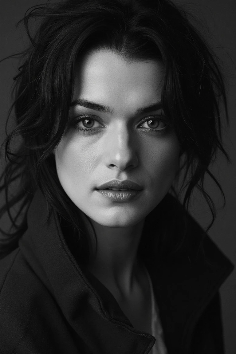 portrait inspired by Peter Lindbergh's photographic style of rachelflx, a woman looking directly into the camera with an intimate and deep expression. dark brown eyes. ** Lighting ** must be soft and natural,avoiding exaggerated perfection,and focusing on capturing the human essence and the natural beauty of women. Shadows and lights should accentuate the lines and textures of the face,highlighting its emotional and vulnerable expression. The woman's face is devoid of makeup or a very subtle touch,highlighting the authenticity and imperfection that Lindbergh valued in his portraits. The ** precise details ** include a deep look,with eyes that convey history,strength and fragility at the same time. The expression on her lips is relaxed,with a slight separation that adds a touch of naturalness and spontaneity. The texture of your skin,with all its small imperfections,pores and subtle wrinkles,should be faithfully captured,enhancing the real beauty without touch-ups or filters. The ** fundo ** is simple and out of focus,typically neutral,with shades of gray that do not distract attention from the face. The image uses minimal depth of field,with an absolute focus on the woman's face and the rest in a gentle blur. Black and white should be full of soft contrasts,but without losing the delicacy of the shadows,creating a raw,emotional and living environment. Make sure the image ** conveys a sense of humanity,authenticity and emotional connection **,key features of Peter Lindbergh'******. The woman must appear strong but accessible,showing her beauty without the need for ornaments,with a direct connection between her gaze and the viewer. ** Additional items ** are minimal,with all the attention on the woman's face and expression.