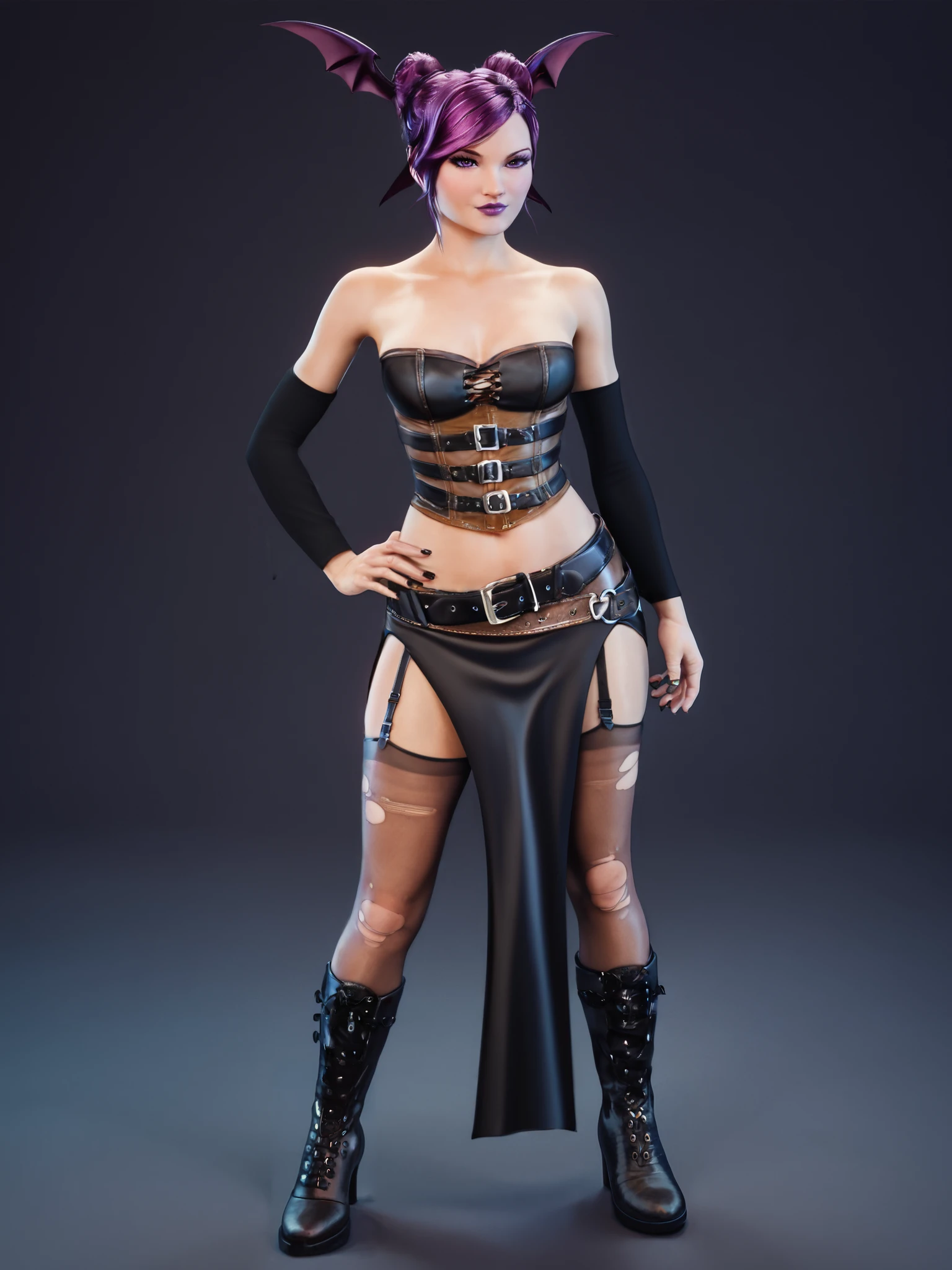 one white girl, wednesday addams, bust, solo, full body, legs, abs, slender body, black eyes, beautiful eyes, black hair, long bob cut, nsfw, (big breasts, huge breasts, open breasts, naked breasts, exposed breasts, small breasts:1.2), nude, (naked shoulders, naked neck:1.2), masterpiece, highly detailed, look at viewer, serious face, shiny blured grey background, gradient sprayed background, front view, gradient red purple background, blured background, (big nipples:1.2), glowing edges of image, (black skirt, stockings:1.3), (black military boots:1.3), (elbow gloves:1.2)