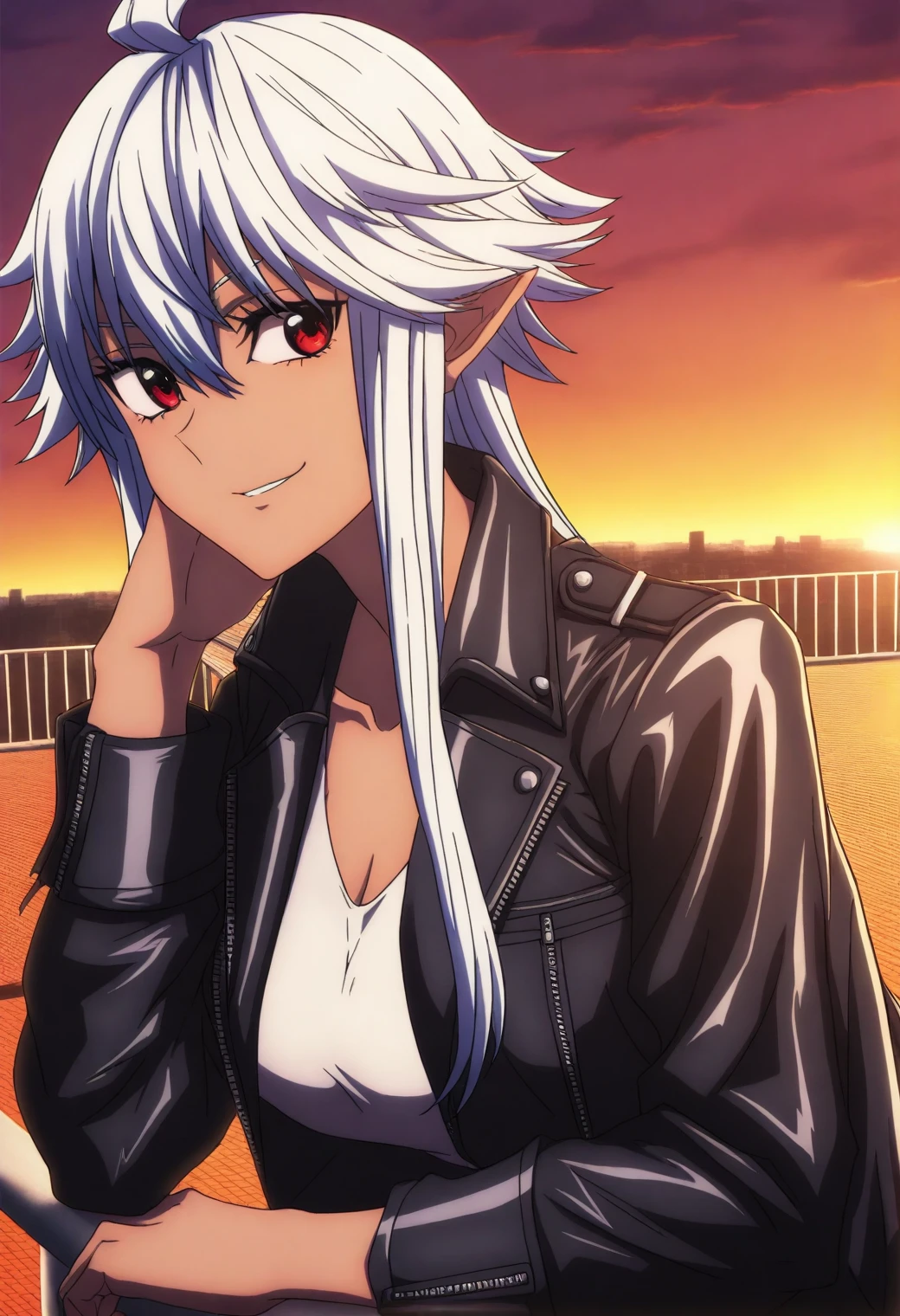 <lora:Reanette Elfelt - [Shinmai Ossan Boukensha] - illustriousXL v1:1>, sysdeep_reanette, white hair, red eyes, solo, short leather jacket, sunset rooftop, leaning on railing, confident smirk