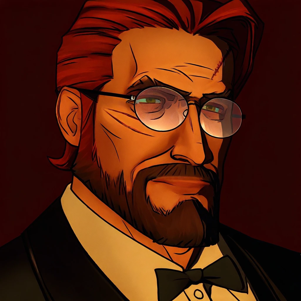 WolfAmongUSStyle-IL.V1.0, best quality, masterpiece, 1boy, glasses, red hair, suit, round glasses, beard, facial hair, mustache, scar, scars on face