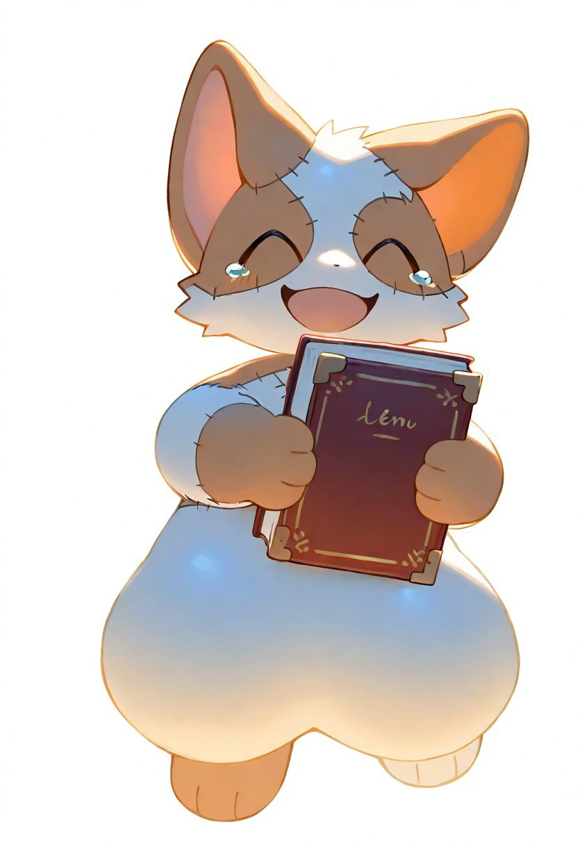 patch (nozuomu), artist:zuppu11, alens, 1boy, solo, furry, cute, kemono, chibi, masterpiece, best quality, very awa, very aesthetic, absurdres, tearing, happy, smile, holding books, closed eyes