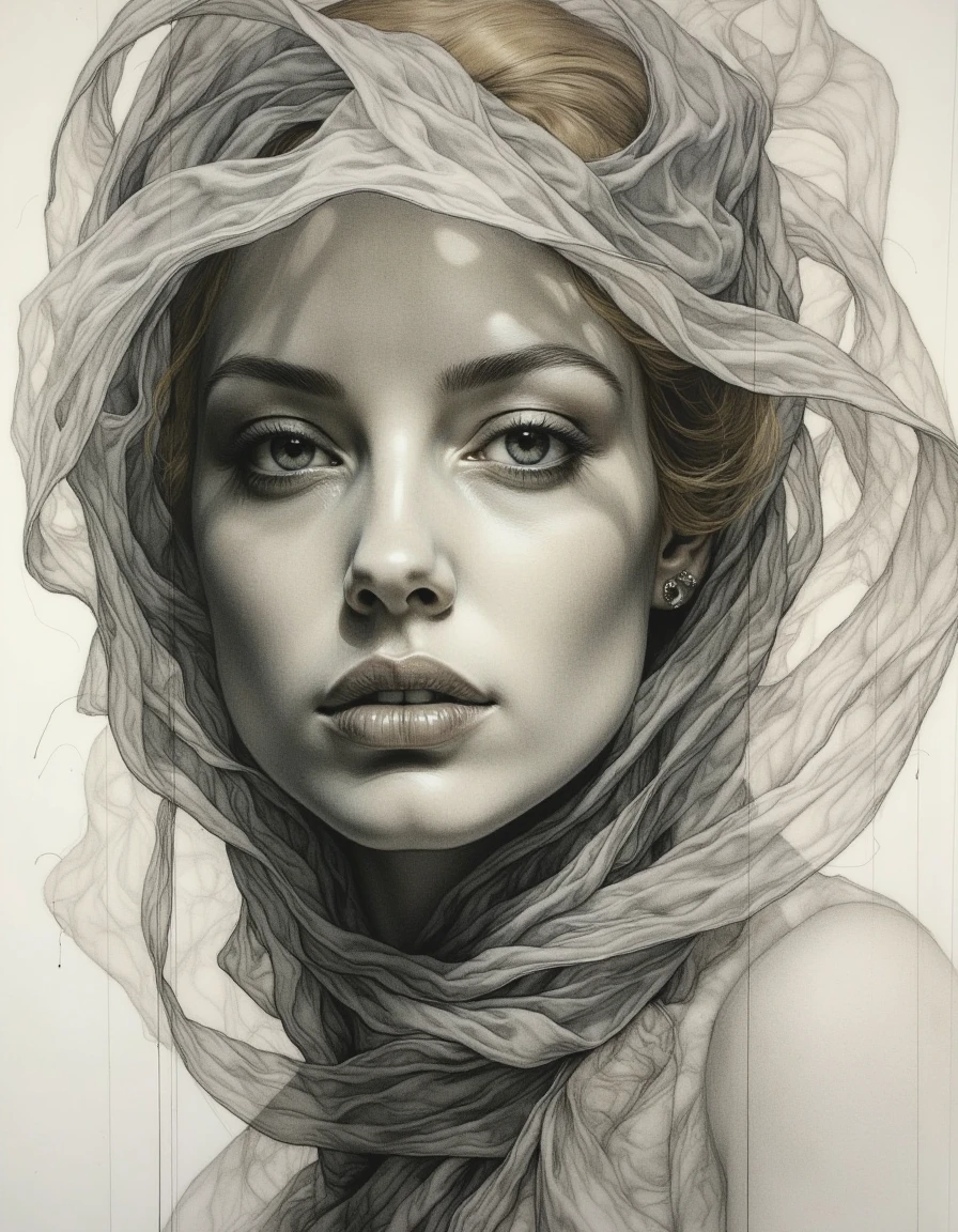 Portrait by Dorota Pietrowiak. The image is a highly detailed, realistic pencil drawing of a young woman's face,  Style is Surreal atmospheric realism with high-detail shadow work, muted colors, mysterious and introspective. <lora:Dorota_Pietrowiak:0.85>