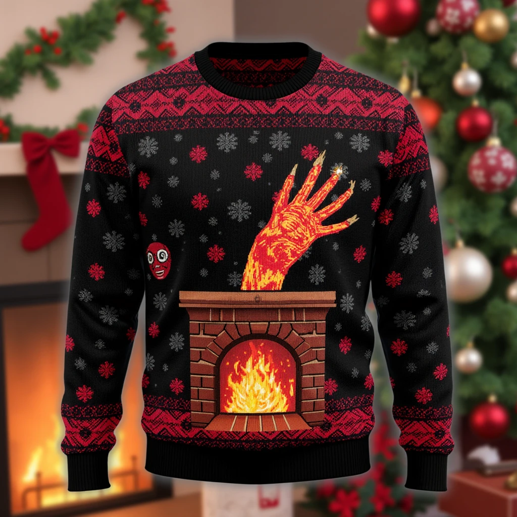 Imagine an image in the style of gothic horror kitsch, showcasing an ugly Christmas sweater with Freddy Krueger’s iconic glove extending through a fireplace chimney. The background features a twisted Christmas tree with ornaments resembling screaming faces.