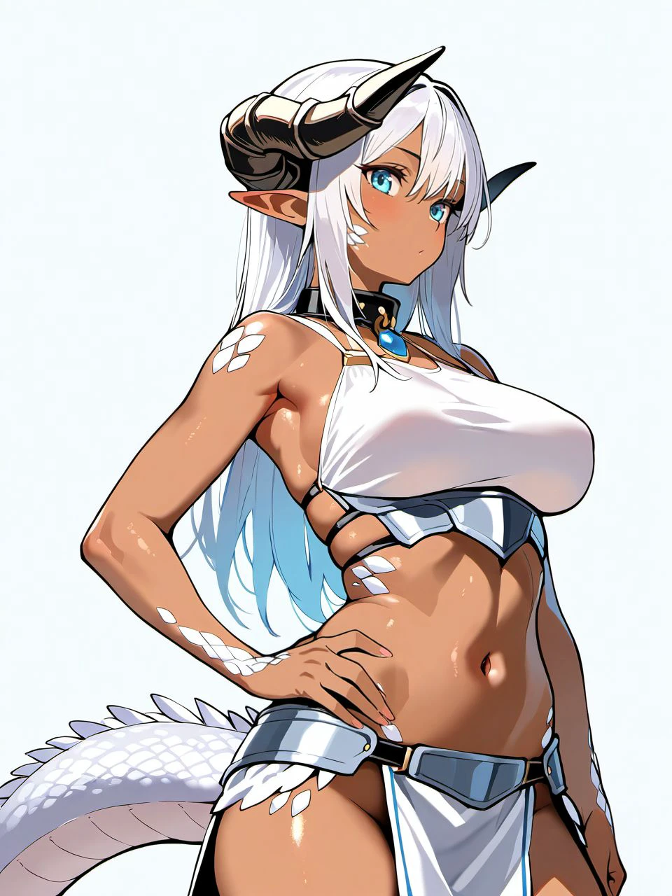 masterpiece, best quality, amazing quality, very aesthetic, high resolution,
(dark skin), dragonian, horns, tails, scales, 1girl, solo, sexy, midriff, armored dress, hand on hip, collar,  white background, 
<lora:dragonian_race_v2-000007:0.9>,