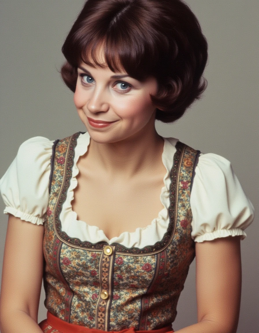 wearing a dirndl with a giant bouffant hairdo <lora:cindy-williams-flux:1.2> the, woman, her