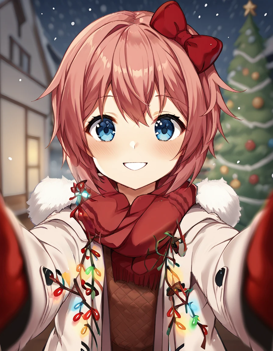 score_9, score_8_up, score_7_up, source_anime, <lora:ddlc-sayori-ingame-ponyxl-lora-nochekaiser:1>, sayori, blue eyes, hair between eyes, hair bow, hair ornament, pink hair, red bow, short hair,, <lora:pov-cheek-warming-ponyxl-lora-nochekaiser:1>, pov cheek warming, pov cheek warming (meme), winter gloves, duffel coat, fur-trimmed scarf, winter clothes, red mittens, meme, winter coat, red scarf, fur-trimmed coat, reaching towards viewer, reaching, mittens, fur-trimmed hood, white coat, open coat, scarf, coat, red gloves, snowing, pov, fur trim, depth of field, smile, blush,, christmas, christmas tree, christmas lights,, , dutch angle, cowboy shot