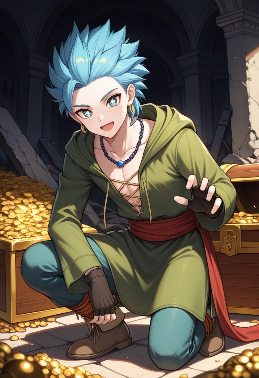 masterpiece, best quality, 
dqerik, 1boy, male focus, solo, blue eyes, blue hair, earrings, hoop earrings, short hair, single bang, spiked hair, jewelry, necklace, bead necklace, collarbone, tunic, green tunic, hood, long sleeves, gloves, fingerless gloves, sash, red sash, pants, blue pants, shoes, on one knee, treasure chest, gold, happy, sparkling eyes, open mouth
indoor, ruins,