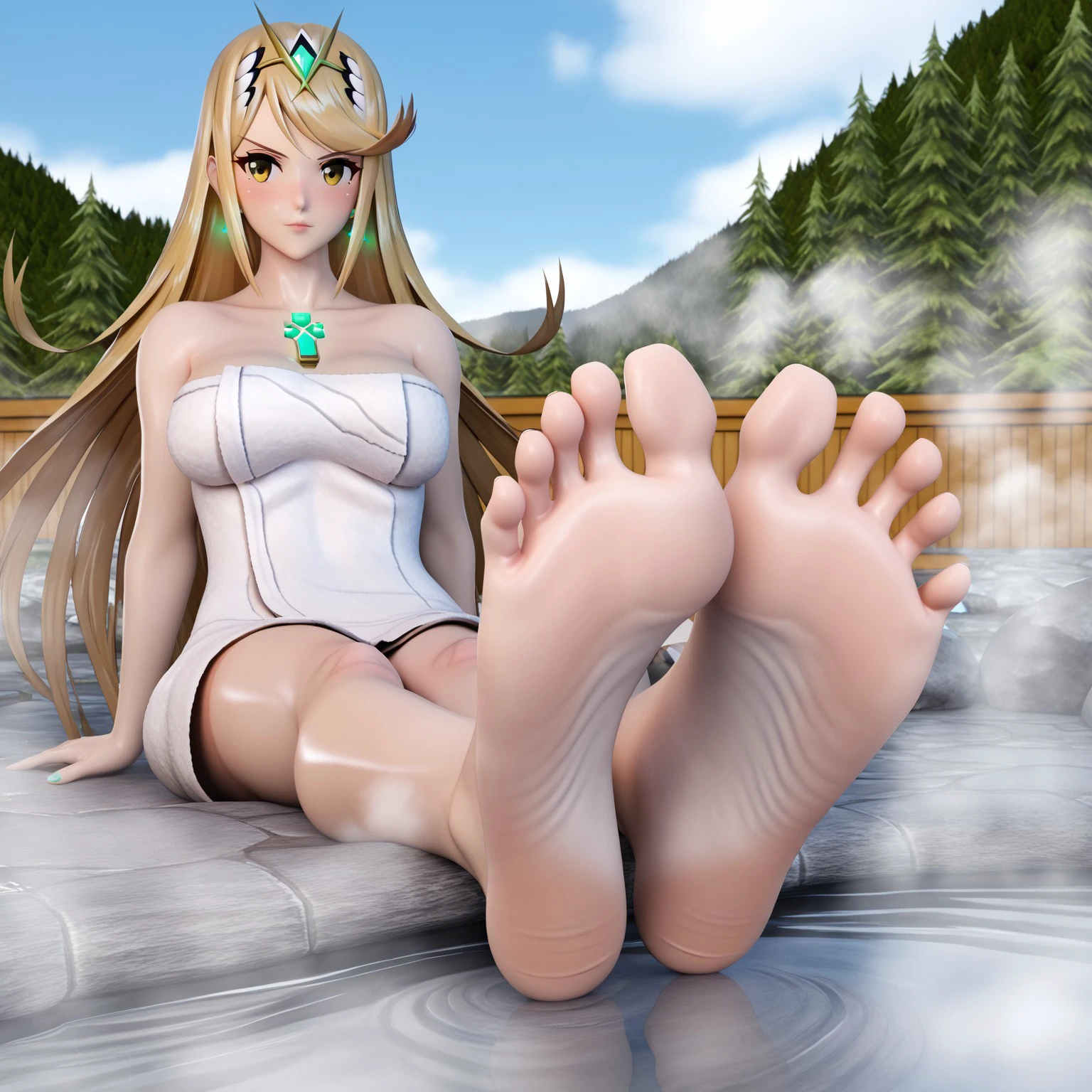 safe_pos, necdazfeet, mythra (xenoblade), 1girl, 3d, bare legs, barefoot, blonde hair, blush, closed mouth, feet, female focus, foot focus, foreshortening, lips, onsen, long hair, looking at viewer, naked towel, onsen, outdoors, soles, solo, steam, thighs, toes, towel, wet, yellow eyes, xenoblade chronicles (series), xenoblade chronicles 2