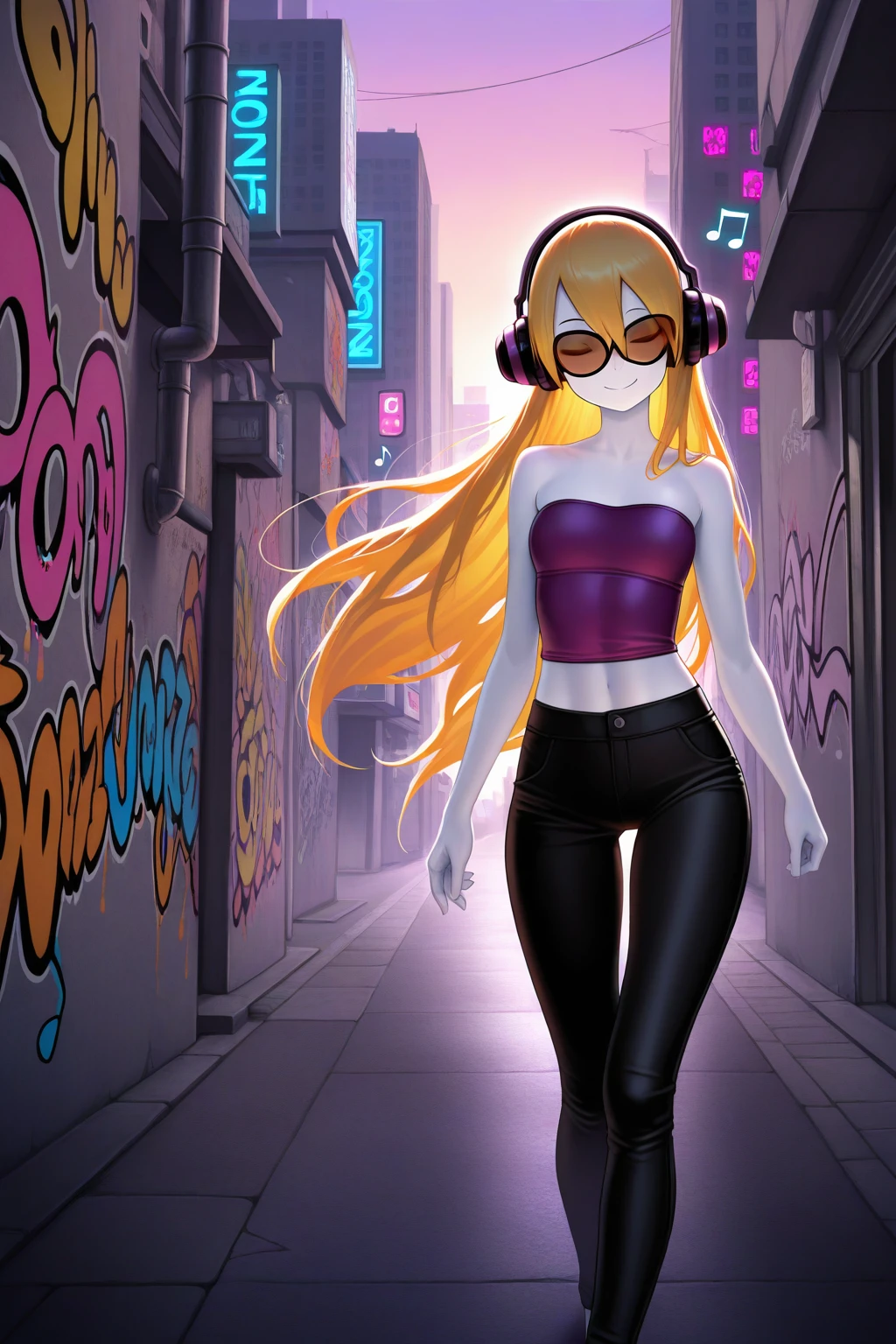 masterpiece, best quality, amazing quality, absurdres, solo, mcadore, smile, closed eyes, walking, listening to music, musical note, long blonde hair, orange sunglasses, purple headphones, white skin, purple crop top, strapless, sleeveless, black pants, outdoors, city, modern, graffiti