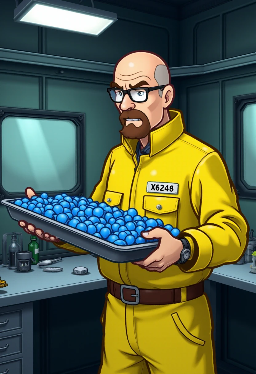 <lora:Paper_Mario_TTYD_Style_FLUX-Caption:1.1>
The image is a digital drawing in a cartoon pmttyd style, depicting  Walter White from Breaking Bad in a hazmat suit in and underground laboratory holding a tray full of small blue crystals