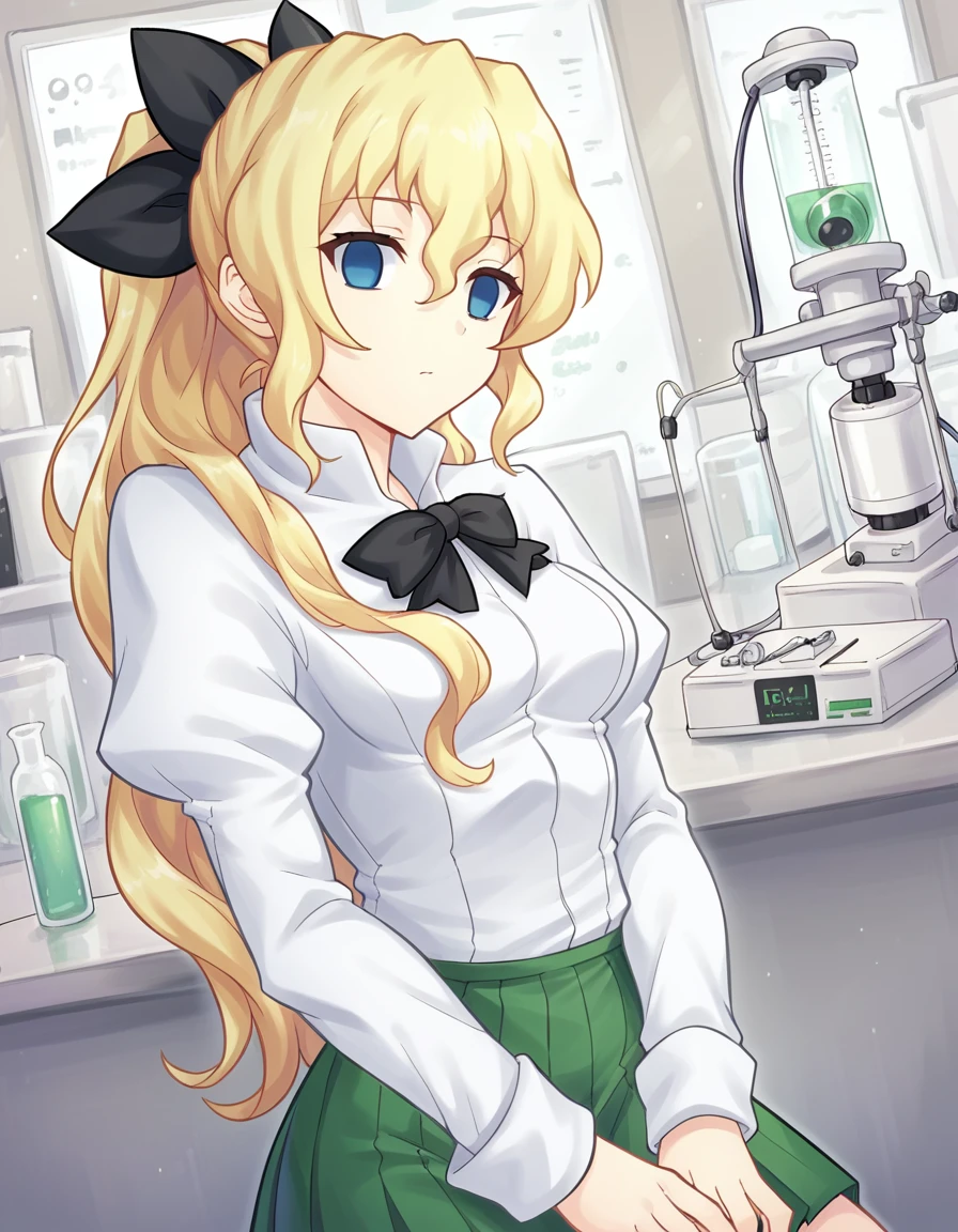 score_9, score_8_up, score_7_up, source_anime, <lora:lilly-satou-ingame-ponyxl-lora-nochekaiser:1>, lilly satou, long hair, blue eyes, blonde hair, hair ribbon, ponytail, blank eyes, medium breasts,, shirt, long sleeves, bow, school uniform, white shirt, pleated skirt, puffy sleeves, bowtie, black bow, juliet sleeves, green skirt, black bowtie, laboratory, beakers, microscope, scientist, experiments, , hands on own knees, looking at viewer, solo,, dutch angle, cowboy shot