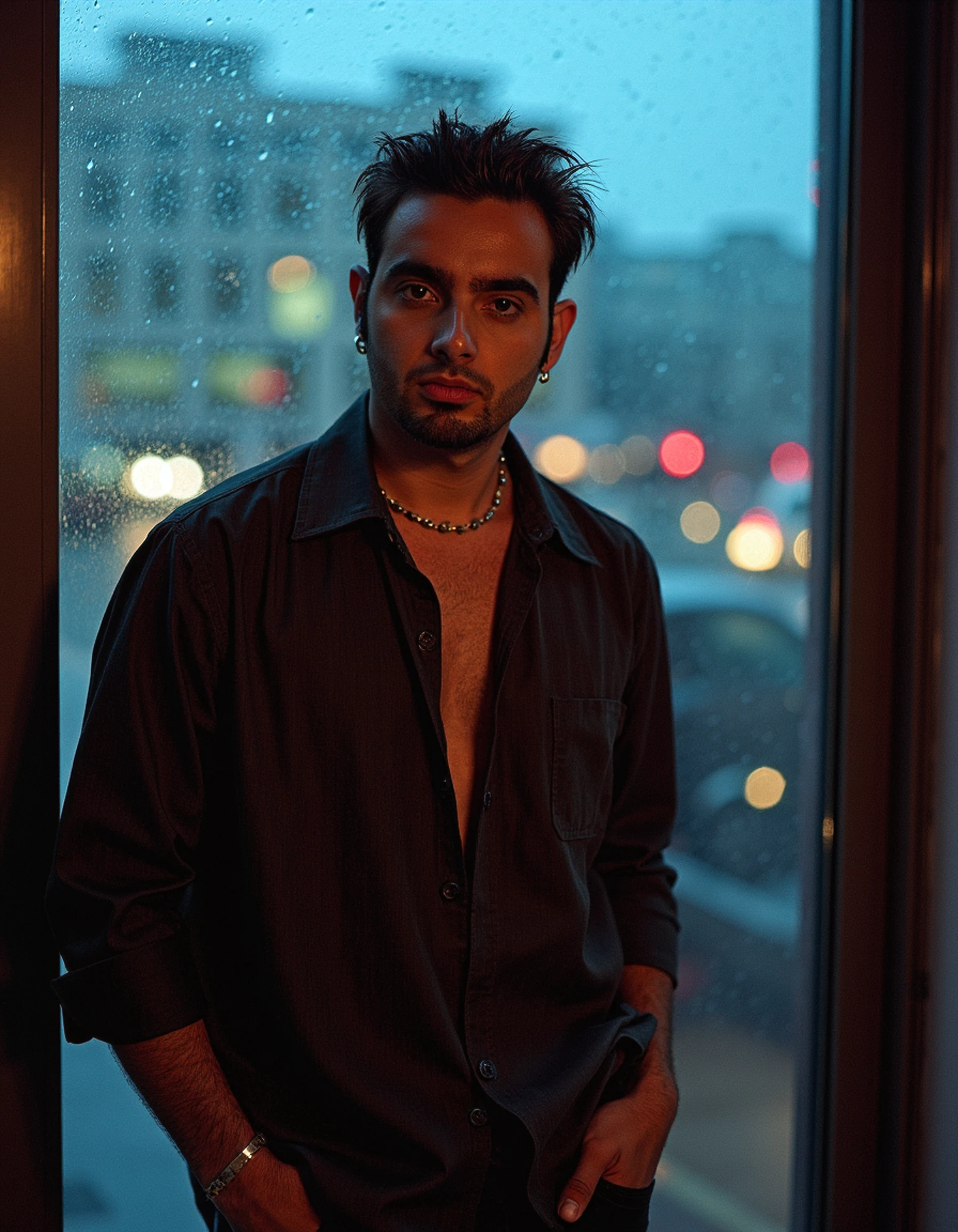 A sensual portrait of Chris Kirkpatrick standing against a rain-drenched window, droplets catching the faint glow of city lights outside. His shirt clings slightly to his skin, hinting at his form beneath. 