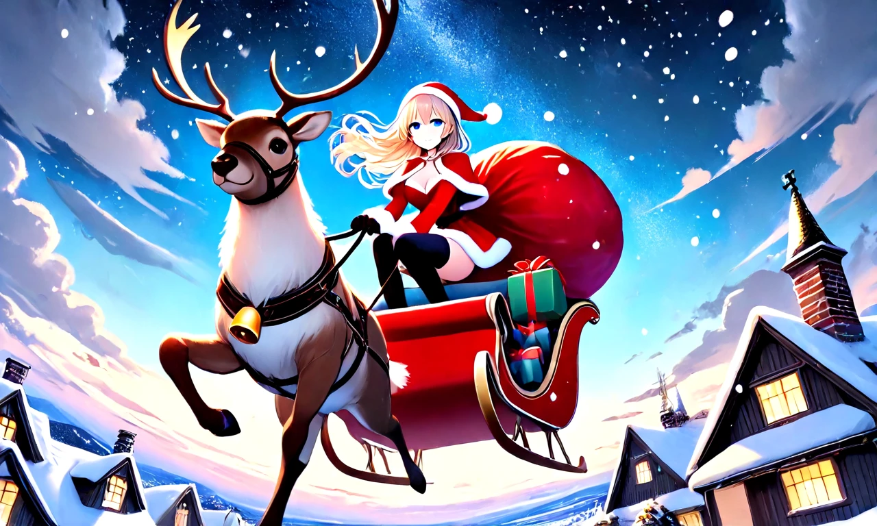 (((from below))), (((facing viewer))), masterpiece, best quality, face focus, reindeer, riding sleigh flying in the sky, gift sack, 1girl, blue eyes, floating hair, fur trim, red dress, santa hat, santa costume, cleavage, breasts, thighhighs, gloves, reins, wind, night, snowing, horizon, christmas, night sky, nordic architecture, from side, <lora:girllikereindeersleigh_ilxl:0.8>