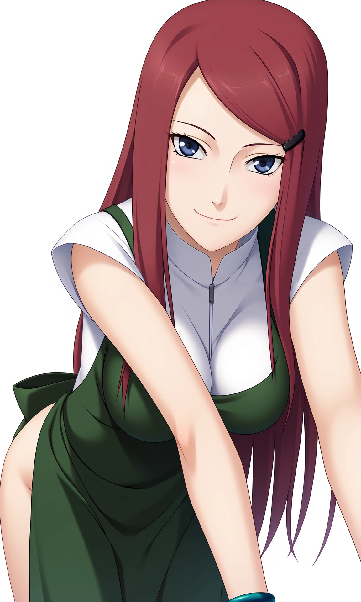 game cg, anime, 
standing, bent over,
kushinauzumaki,1girl,solo,(looking at viewer),long hair,hairclip,blue eyes,
green apron, white shirt, collar, bracelet,
breasts,
smile,closed mouth,blush,
white background, simple background,
<lora:Naruto_KushinaUzumaki_v4_PXL-000017:1>