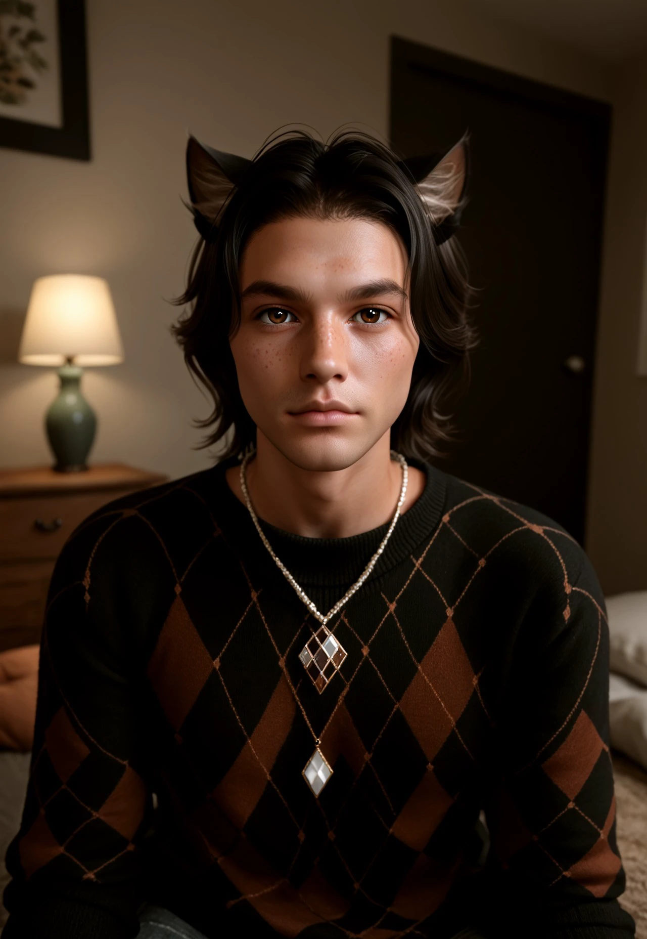 score_9, score_8_up, score_7_up, score_6_up, score_5_up, score_4_up BREAK Vdiff1_dskfll, animal ears, solo, male focus, 1boy, black hair, jewelry, realistic, cat ears, brown eyes, necklace, sweater, looking at viewer, freckles, indoors, argyle