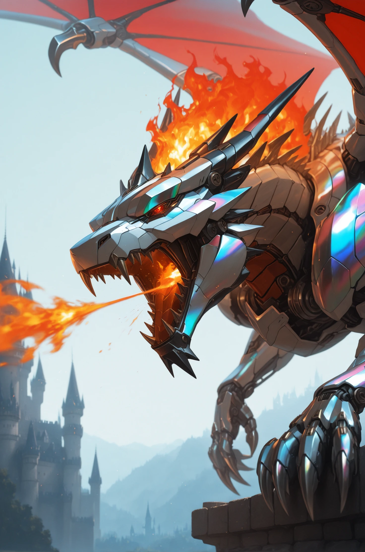 masterpiece, best quality, 2.5D, realistic <lora:Animal Mecha [IL]:1.1> animalmecha, no humans, mecha, non-humanoid robot, dragon, spread wings, castle, fire, claws, mechanical parts, close up shot, ((iridescent color)), red color, spitting fire,