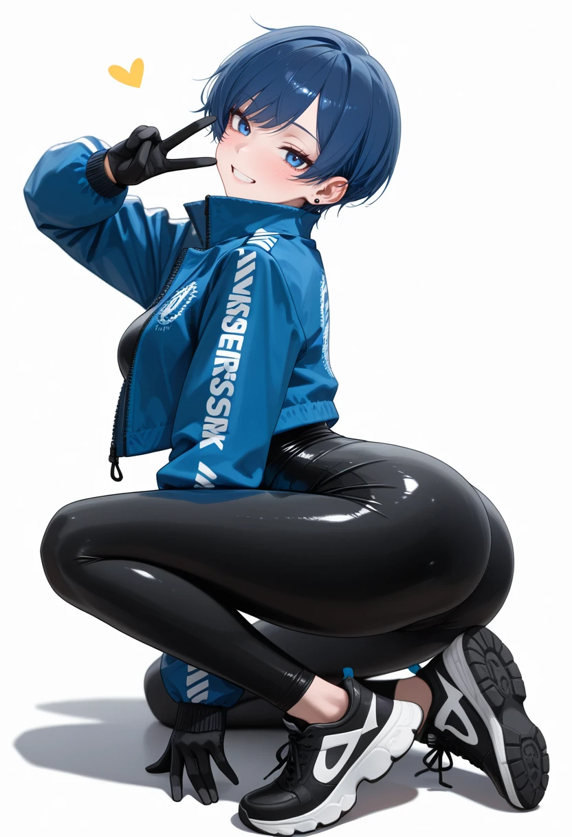 masterpiece,best quality,amazing quality,very aesthetic,absurdres,newest,
1girl, sk997cos,  sk01 jacket, sk02 sneakers, 
blue jacket, 
BREK
blue hair,
BREAK
pixie cut,
BREAK
seductive smile, 
 black gloves,
Making peace sign  , (white background:1.1), 
<lora:997sk cosplay IL:1>