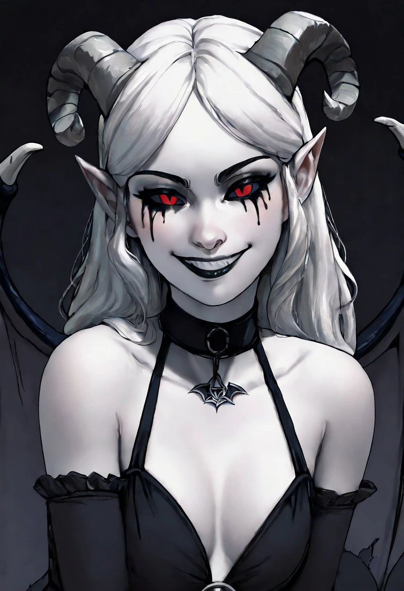 WolfAmongUSStyle-IL.V1.0, best quality, masterpiece, 1girl, white skin, white colored skin, pale skin, albino, albino skin, horns, demon horns, demon girl, succubus, wings, bat wings, demon wings, goth, goth girl, goth makeup, runny makeup, smile, grin, closed mouth,