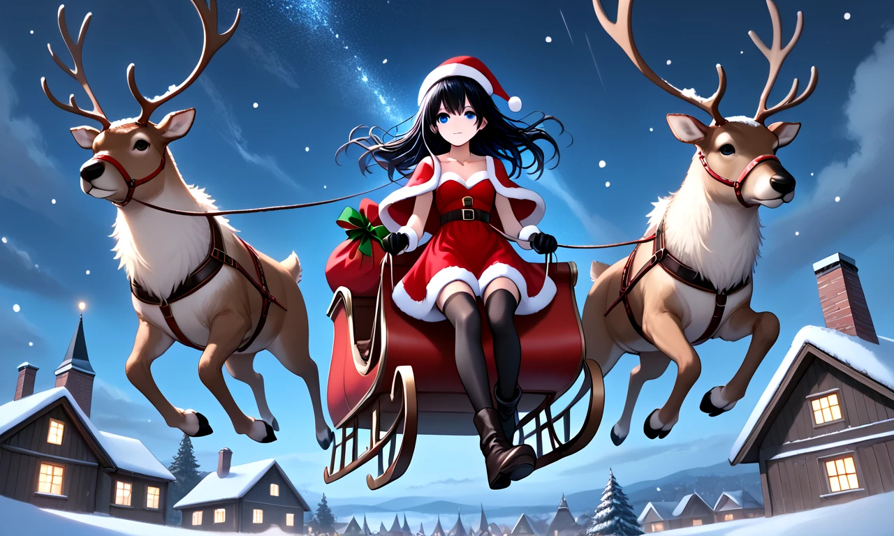 (((from below))), (((facing viewer))), score_9, source_anime, riding reindeer sleigh flying in the sky, gift sack, full body, 1girl, blue eyes, floating hair, fur trim, red dress, santa hat, santa costume, cleavage, breasts, thighhighs, gloves, reins, wind, night, snowing, horizon, christmas, night sky, chimney rooftop, nordic architecture, <lora:girllikereindeersleigh_pony:0.8>