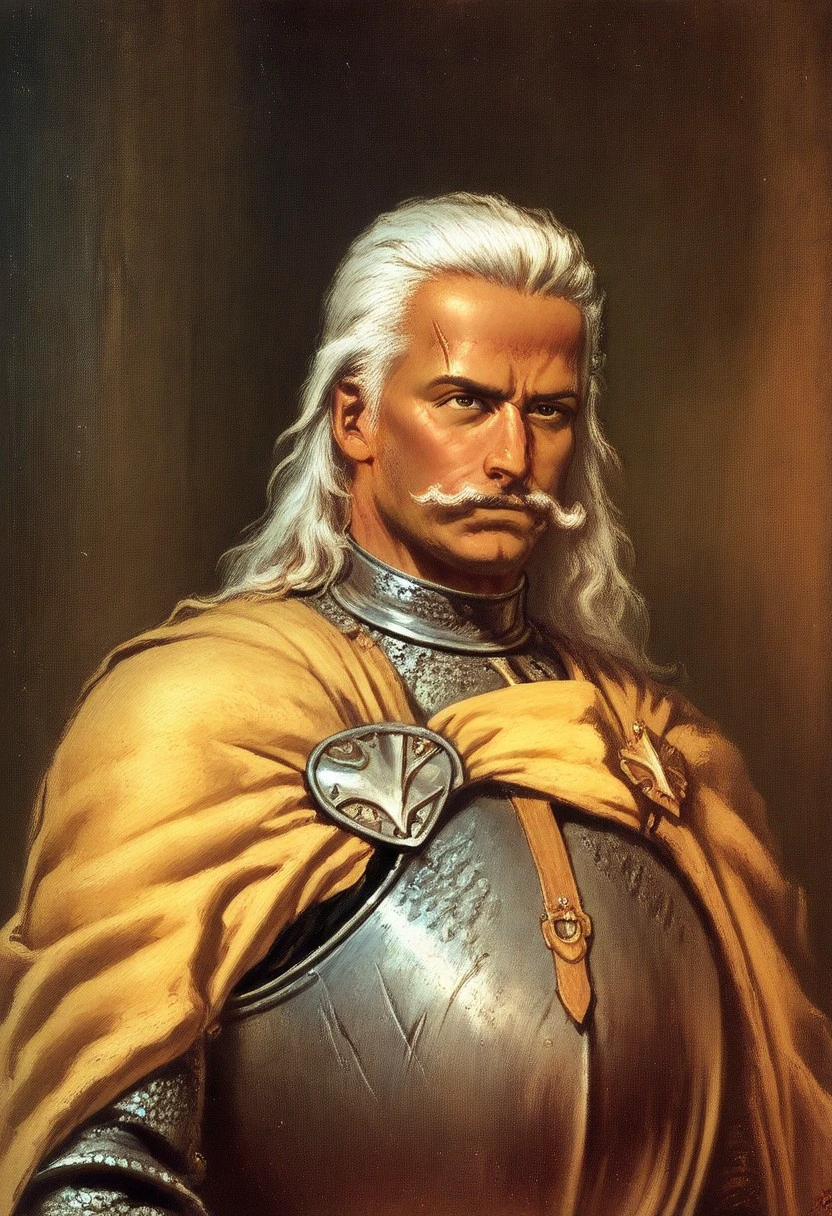 JanMatejkoStyle-IL.V1.0, oil painting, traditional media, classic media, 1boy, dark-skinned male, white hair, facial hair, mustache, white hair, scar, scars on face, armor, knight,