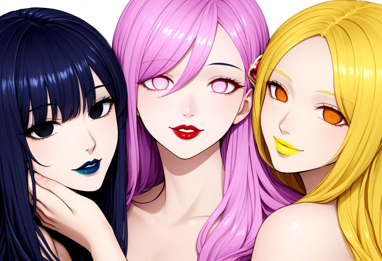 anime, empty eyes, emotionless, hypnotized, multiple females, lipstick, red lipstick, yellow lipstick, green lipstick, blue lipstick, purple lipstick, black lipstick, glossy lips, shiny lips, sexy smile, adult, casual dress, long hair, white hair, black hair, green hair, red hair, yellow hair, pink hair, purple hair, blue hair, hair decoration, red eyes, orange eyes, yellow eyes, green eyes, blue eyes, purple eyes, pink eyes, black eyes, white eyes, close up, hand on head, hand holding chin