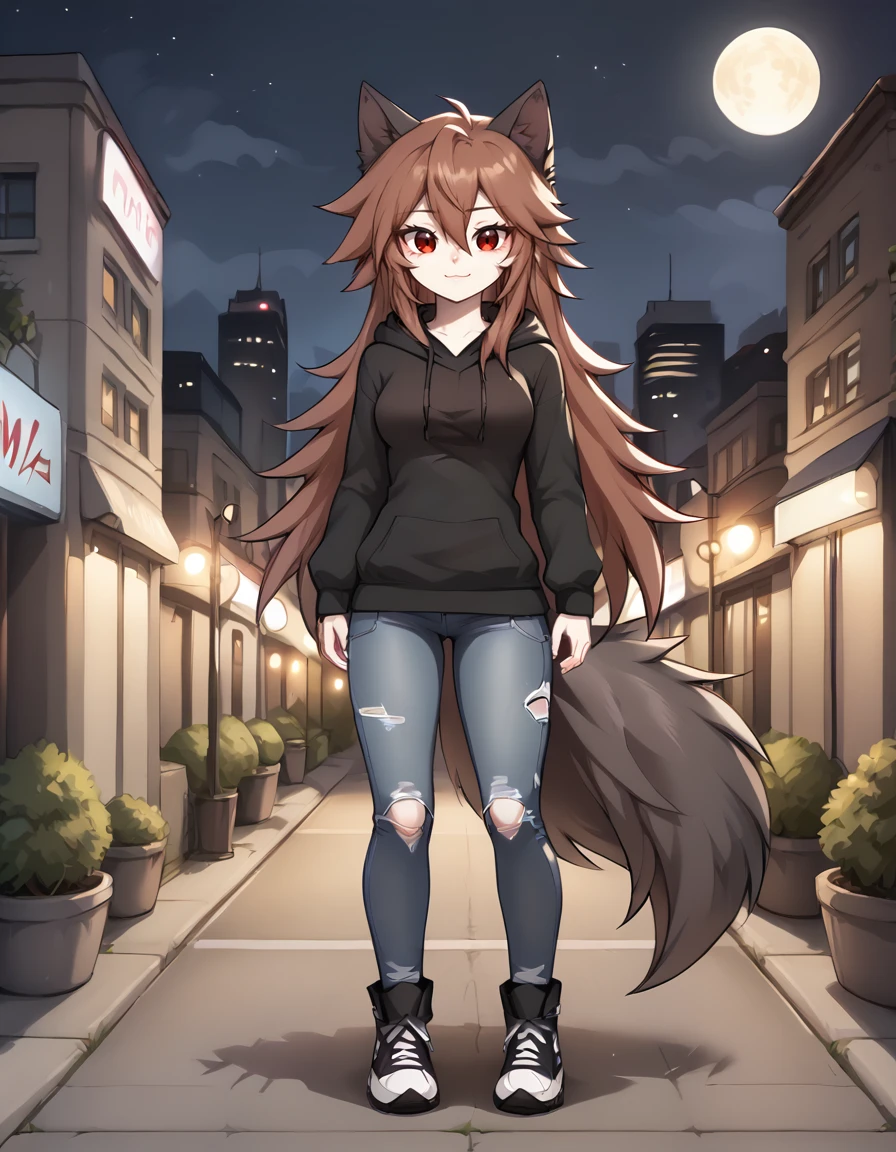 outdoors,city,night,night sky,full moon,
full body,smile,long eyelashes,
torn jeans, hoodie, 
<lora:Crydiaa_v01_PDXL:1>,Crydiaa,1girl,solo,brown hair,long hair,hair between eyes,wolf ears,red eyes,wolf tail,