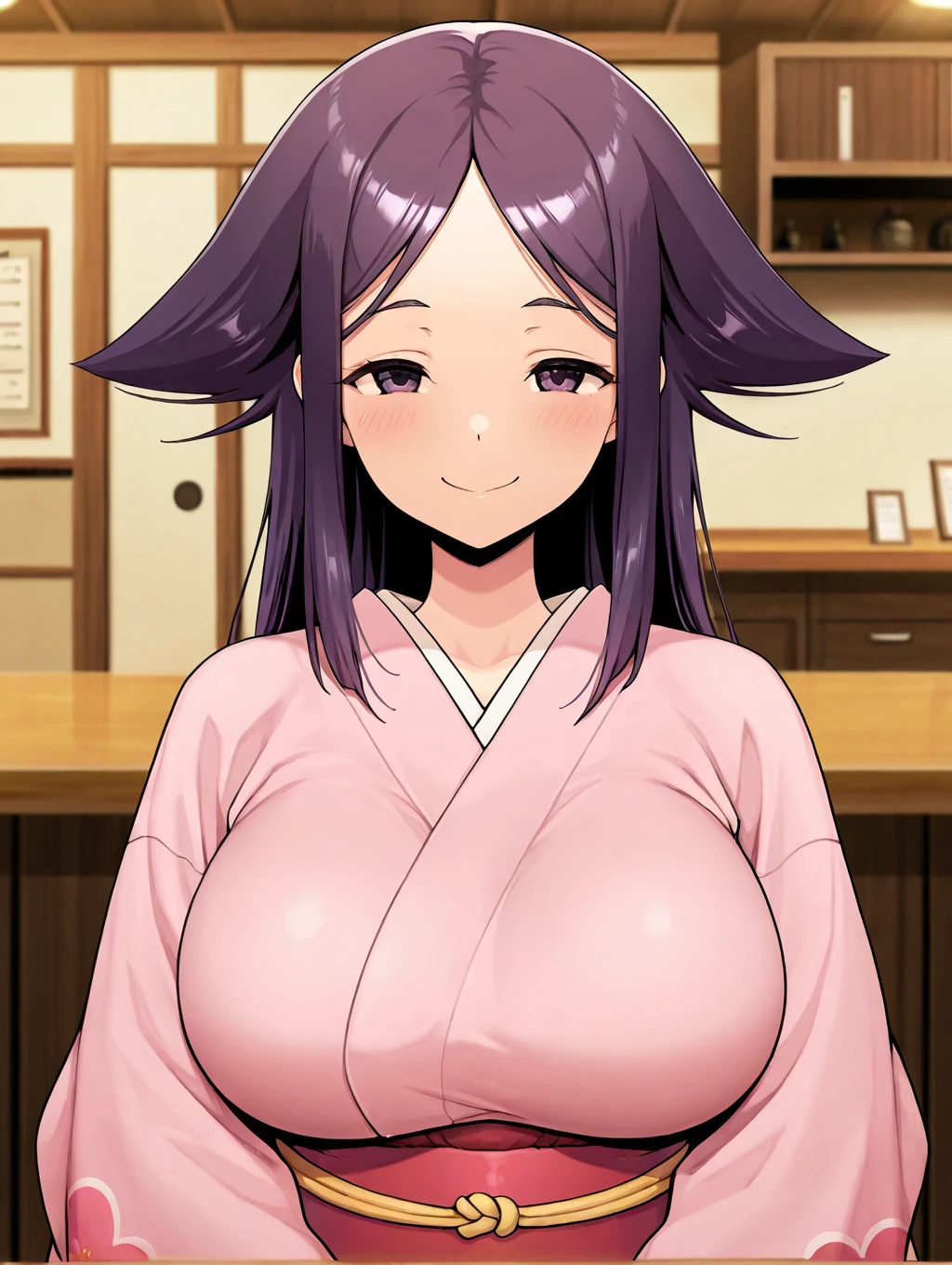 1girl, solo, Oharu, purple hair, long hair, purple eyes, large breasts, pink kimono, sash, wide sleeves,

indoors, counter, inn, inn clerk, upper body, smiling,

masterpiece, best quality,amazing quality, very aesthetic, absurdres, depth of field, blurry background, extremely detailed face, detailed eyes