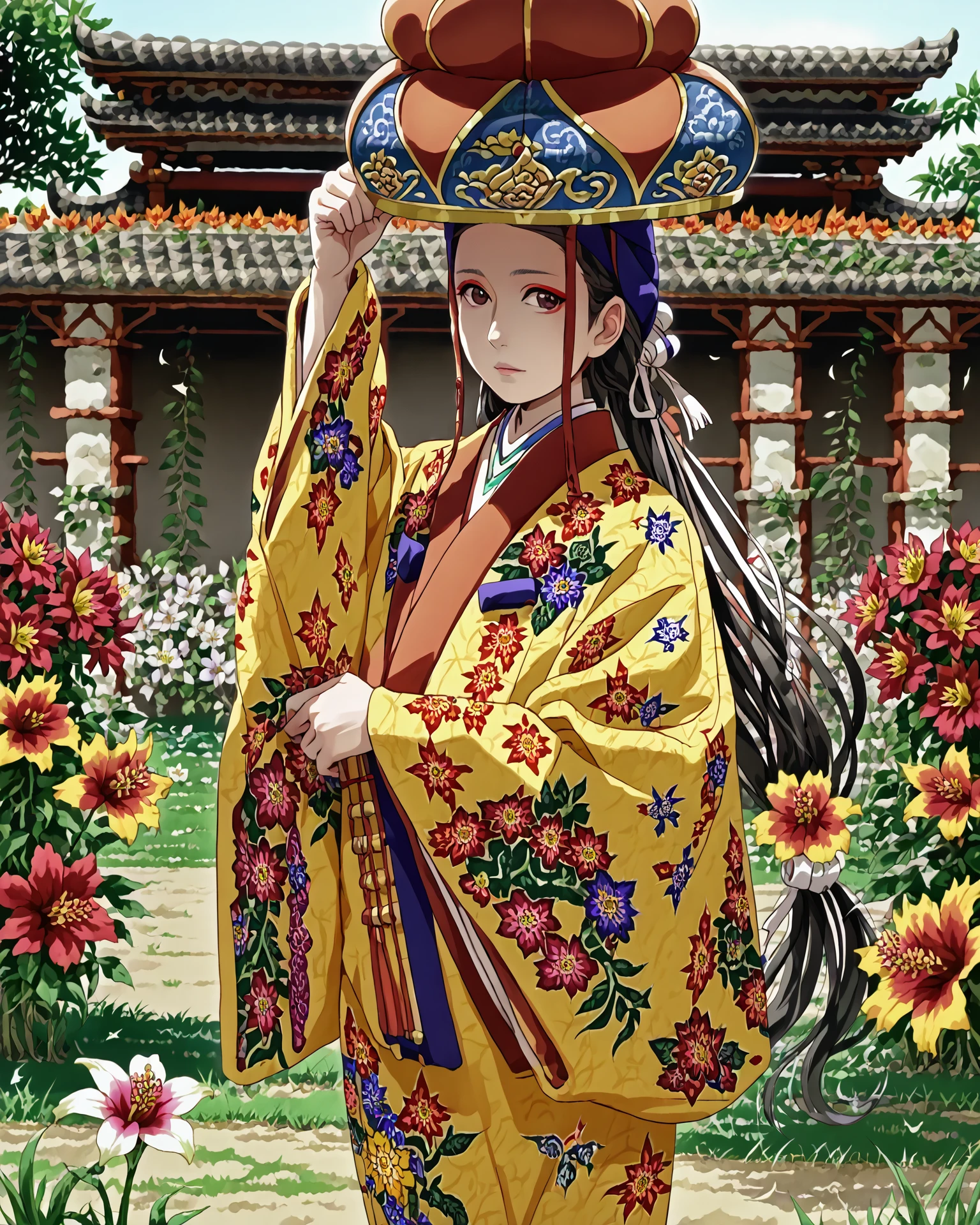 1girl, ryusou, long hair, ryusou hat, jacquard fabric, intricate patterns, (patterned fabric1.1), flower garden, grass, detailed face, score_9, score_8_up, score_7_up,  masterpiece, very detailed, highest quality,  digital art, <lora:Ryusou_XL:1.2>,  <lora:sarakipinXLP:1> sarakipin