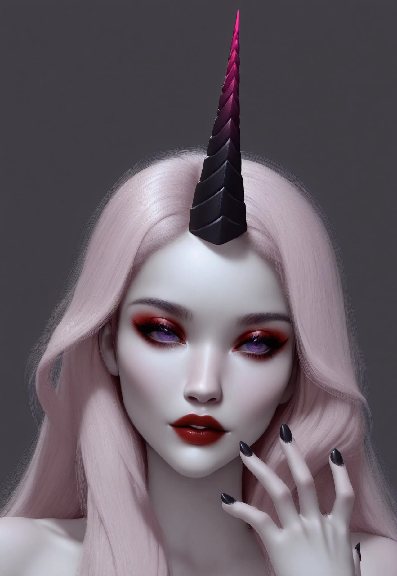 absurdres, masterpiece, best quality, Vdiff1_dskfll, horns, single horn, solo, 1girl, purple eyes, long hair, black nails, portrait, red lips, pink hair, parted lips, hand up, fingernails, grey background, makeup, pale skin, nail polish