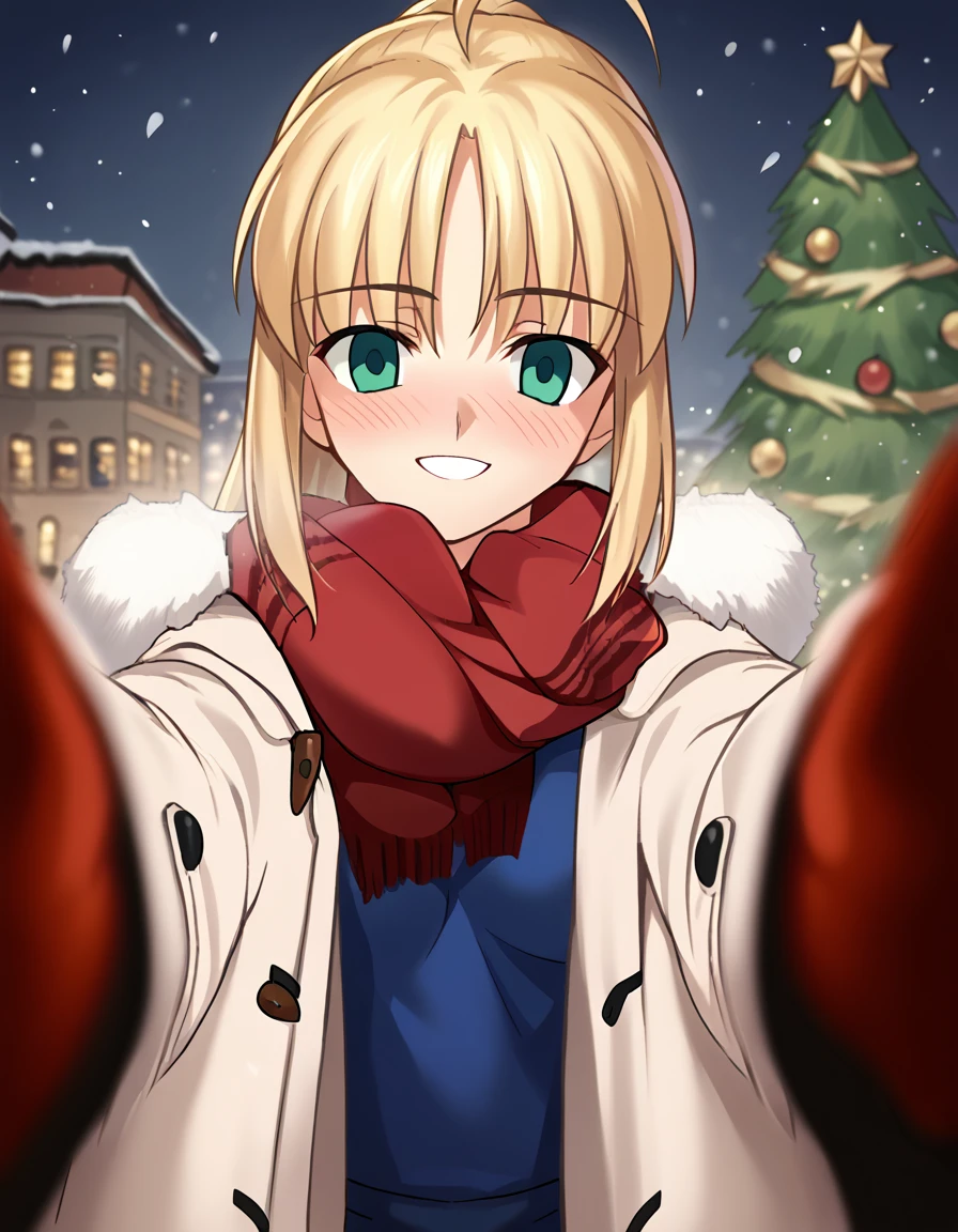 score_9, score_8_up, score_7_up, source_anime, <lora:artoria-pendragon-ingame-ponyxl-lora-nochekaiser:1>, artoria pendragon, artoria pendragon (fate), saber, long hair, blonde hair, green eyes, ponytail, ahoge, medium breasts,, <lora:pov-cheek-warming-ponyxl-lora-nochekaiser:1>, pov cheek warming, pov cheek warming (meme), winter gloves, duffel coat, fur-trimmed scarf, winter clothes, red mittens, meme, winter coat, red scarf, fur-trimmed coat, reaching towards viewer, reaching, mittens, fur-trimmed hood, white coat, open coat, scarf, coat, red gloves, snowing, pov, fur trim, depth of field, smile, blush,, christmas, christmas tree, christmas lights,, , dutch angle, cowboy shot